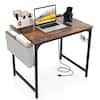 Front. Costway - Costway 32" Computer Desk Small with Charging Station Storage Bag & Headphone Hook - Brown,Black.