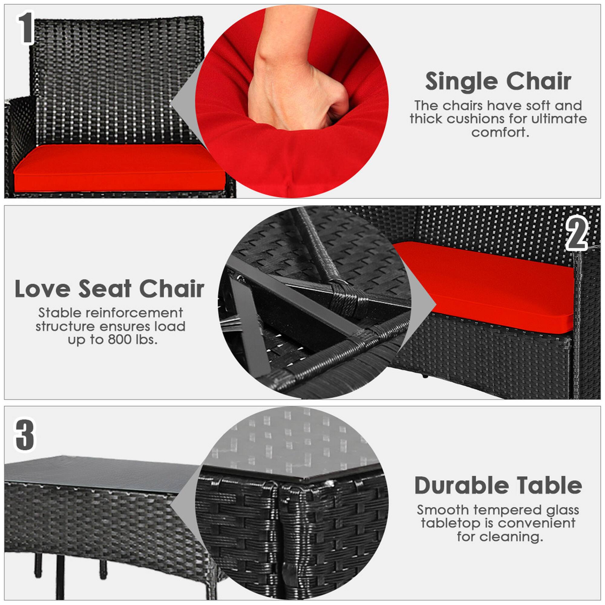 1. Single Chair  
   The chairs have soft and thick cushions for ultimate comfort.

2. Love Seat Chair  
   Stable reinforcement structure ensures load up to 800 lbs.

3. Durable Table  
   Smooth tempered glass tabletop is convenient for cleaning.