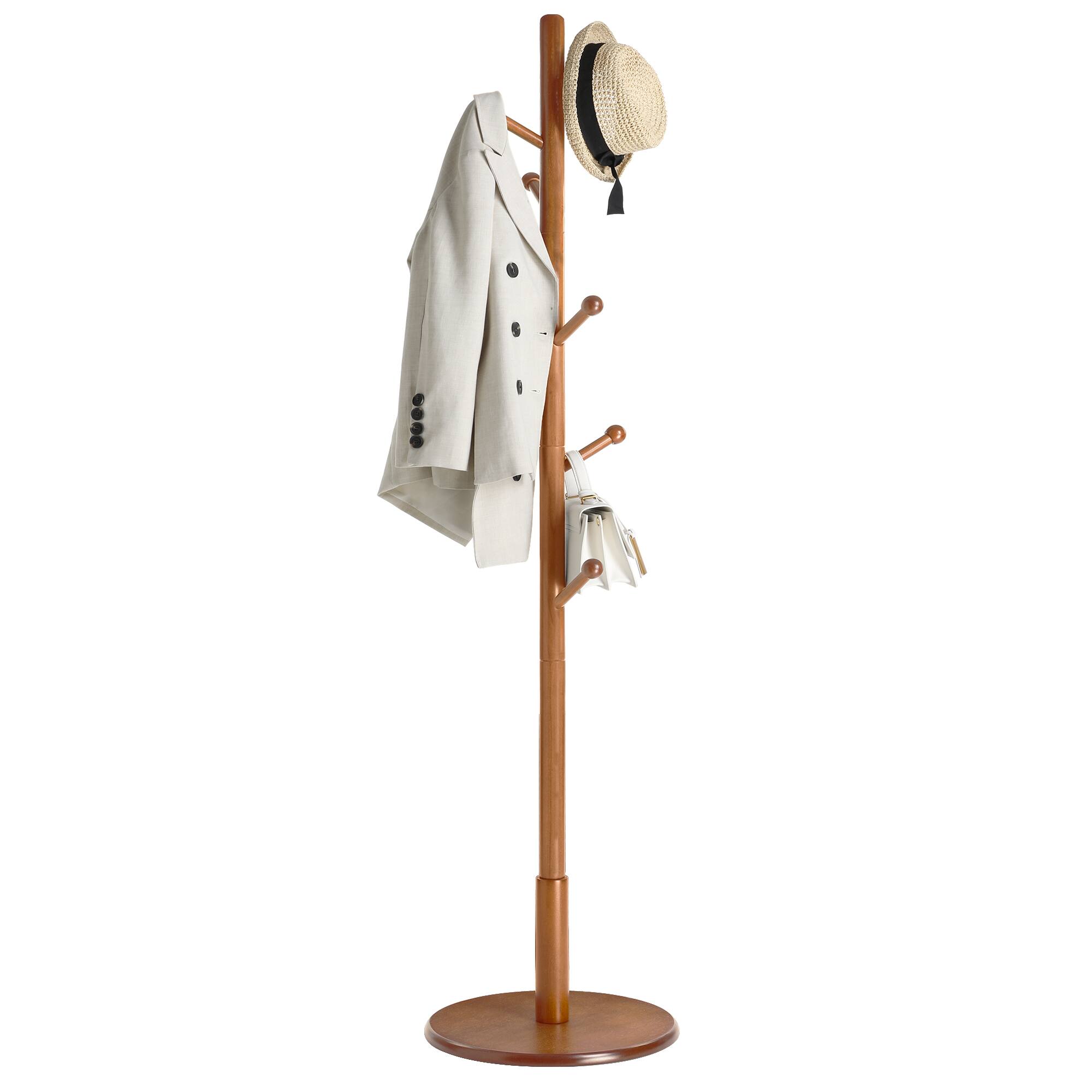 Songmics Home - Solid Wood Coat Rack, Free Standing Hall Coat Tree with 8 Hooks, 3 Height Options, for Coats, Hats, Bags, Purses - Dark Walnut