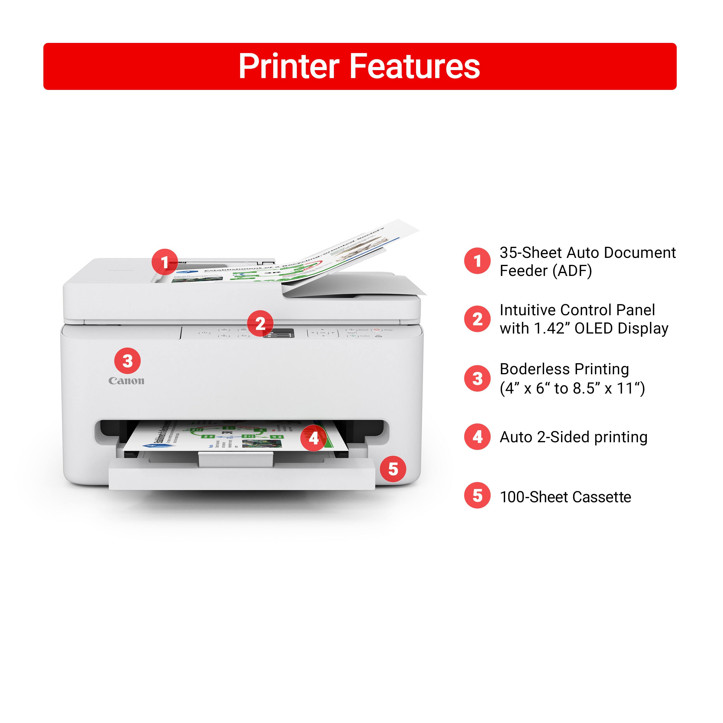 Printer Features

1. 35-Sheet Auto Document Feeder (ADF)
2. Intuitive Control Panel with 1.42" OLED Display
3. Borderless Printing (4" x 6" to 8.5" x 11")
4. Auto 2-Sided printing
5. 100-Sheet Cassette