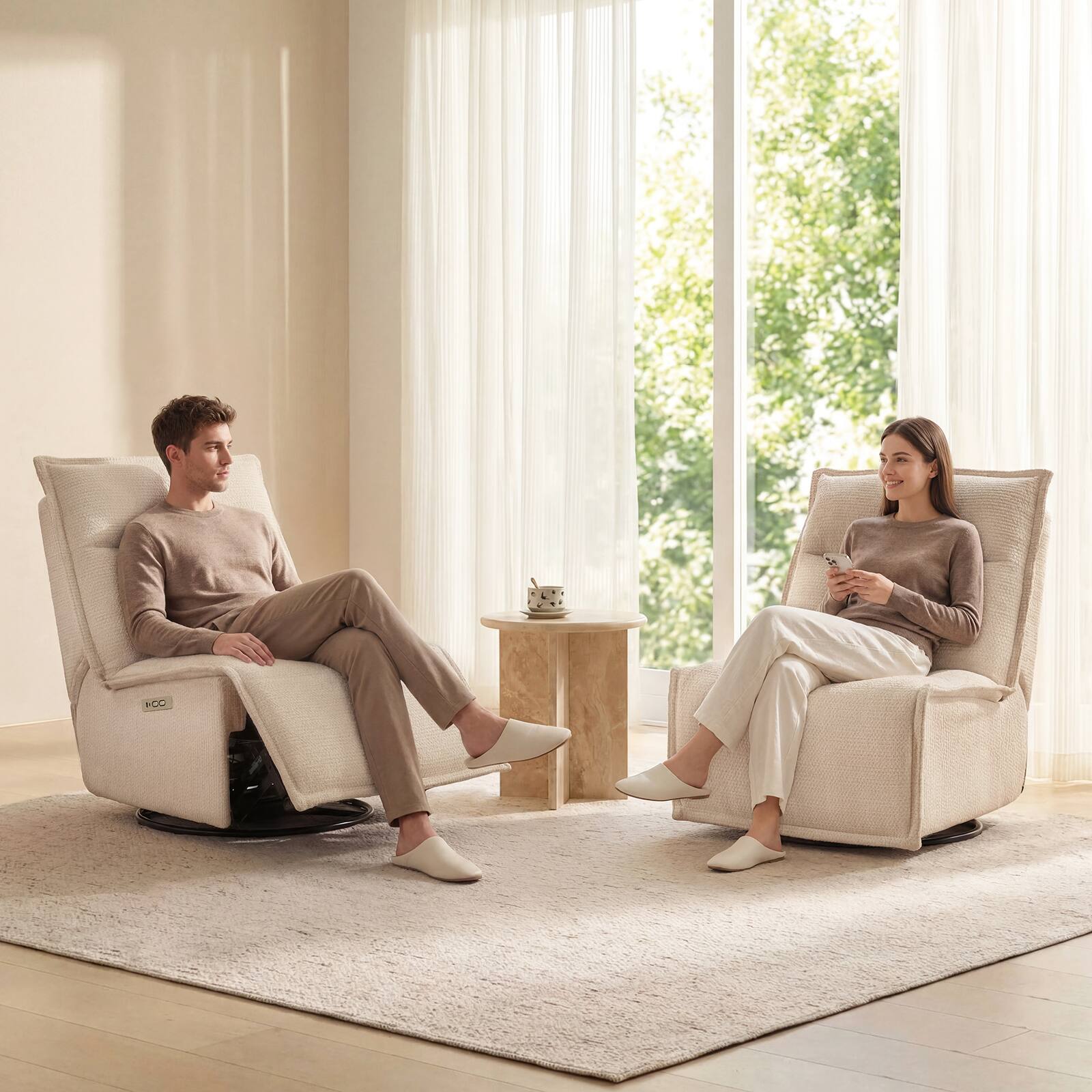 Alt View 4. ModernMate - 29.1" Modern Cotton-Linen Armless Power Recliner with Zero Gravity Swivel Rocker and Built-in USB & Type-C - Off-White.