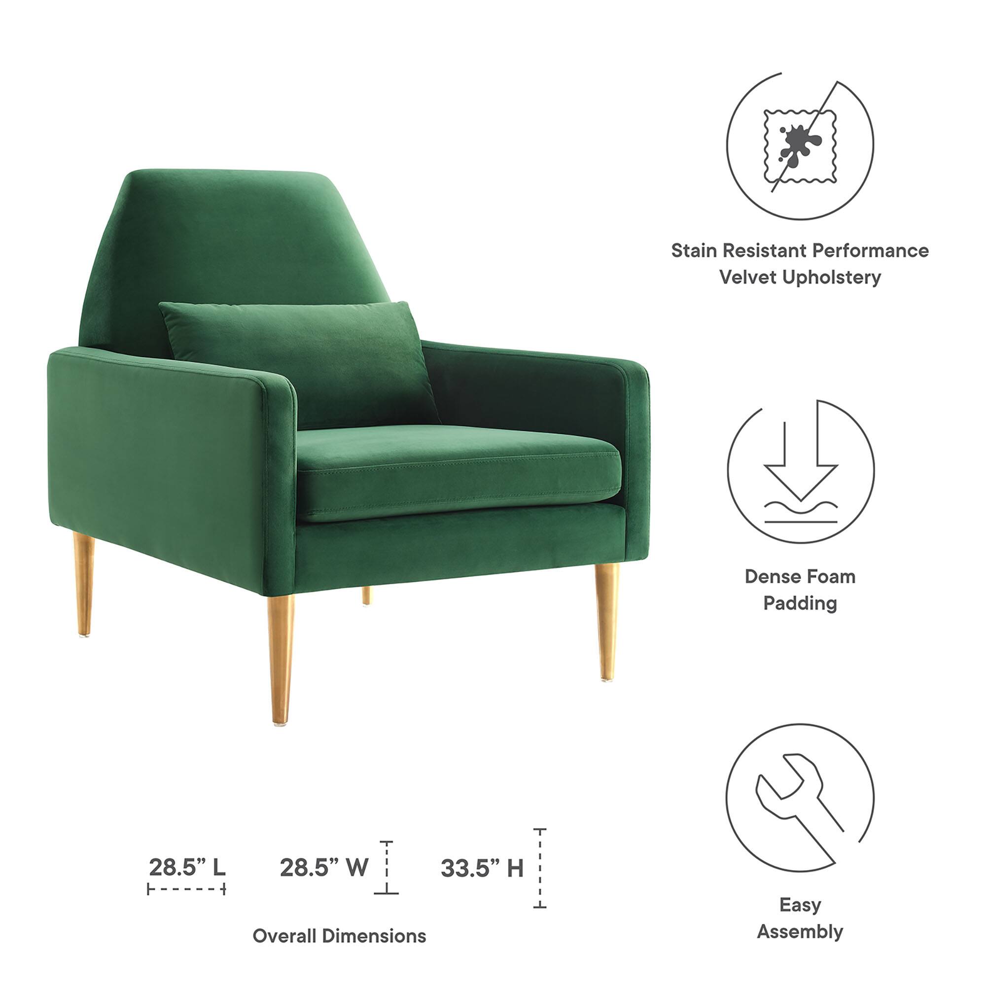 - Stain Resistant Performance Velvet Upholstery
- Dense Foam Padding
- Overall Dimensions: 28.5" L x 28.5" W x 33.5" H
- Easy Assembly