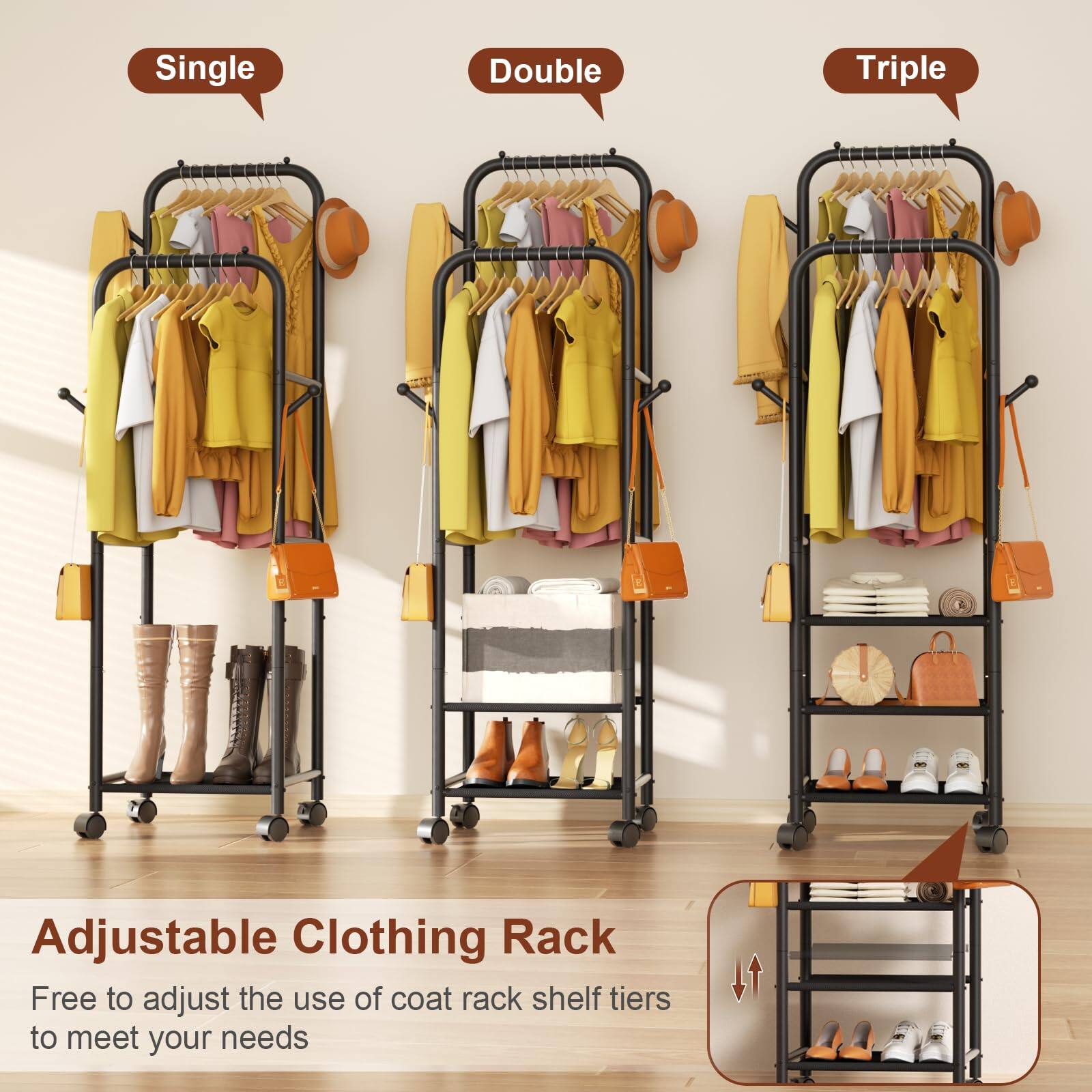 Adjustable Clothing Rack

Free to adjust the use of coat rack shelf tiers to meet your needs

Single Double Triple