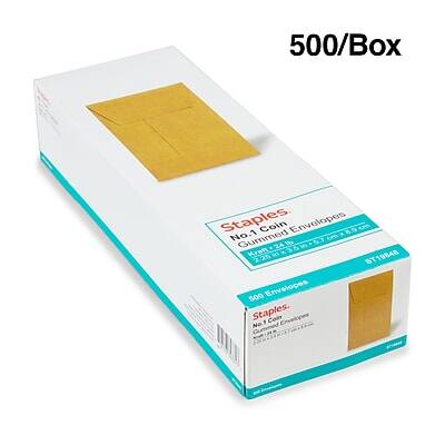 500/Box  
Staples No. 1 Coin Envelopes  
Gummed  
Kraft 225 gsm  
500 Envelopes  
Staples No. 1 Coin Envelopes  
Gummed  
Kraft 225 gsm