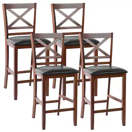 Front. Costway - Costway Set of 4 Bar Stools 25" Counter Height Chairs w/ PU Leather Seat - Antique Walnut,Black.