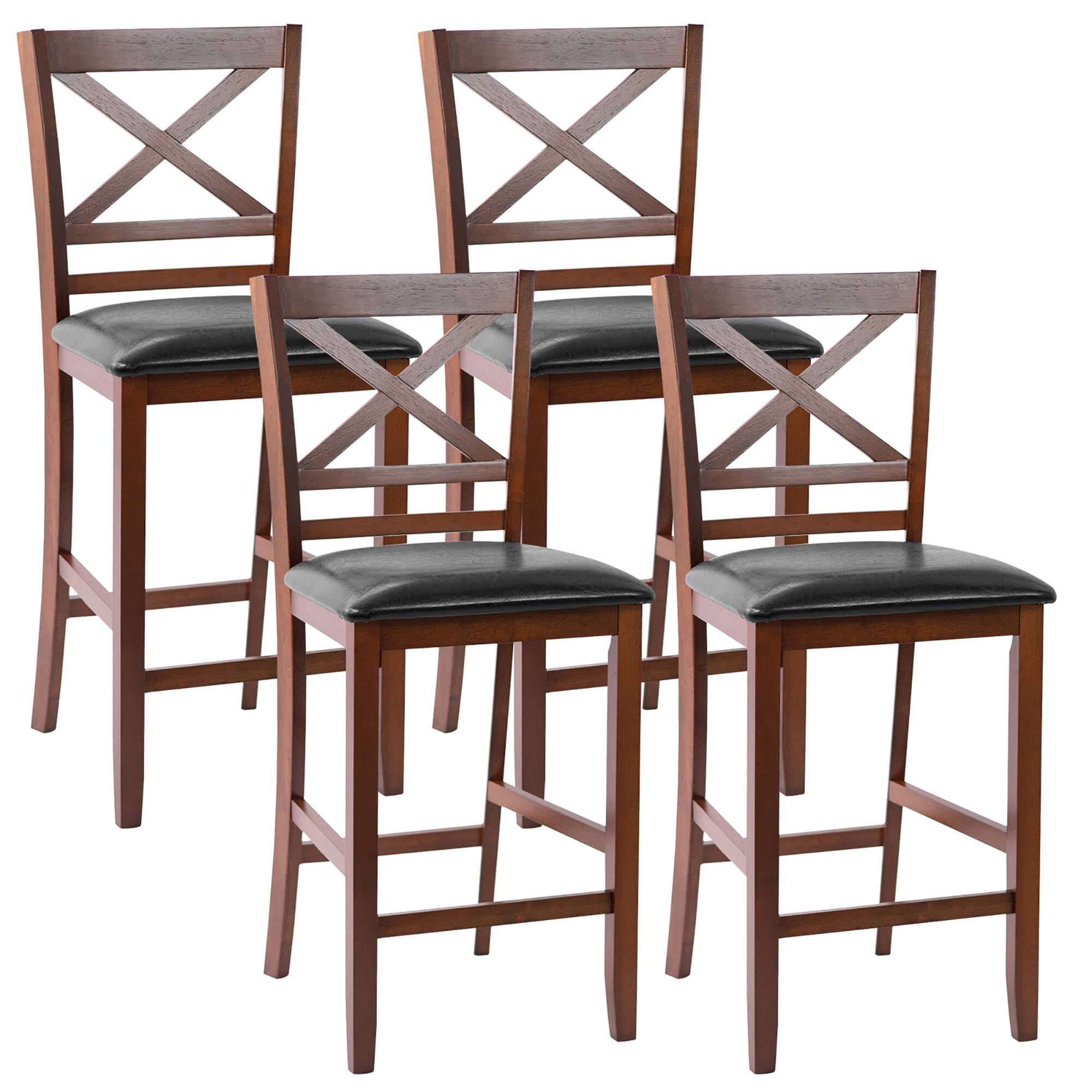 Costway - Set of 4 Bar Stools 25" Counter Height Chairs w/ PU Leather Seat - Antique Walnut,Black