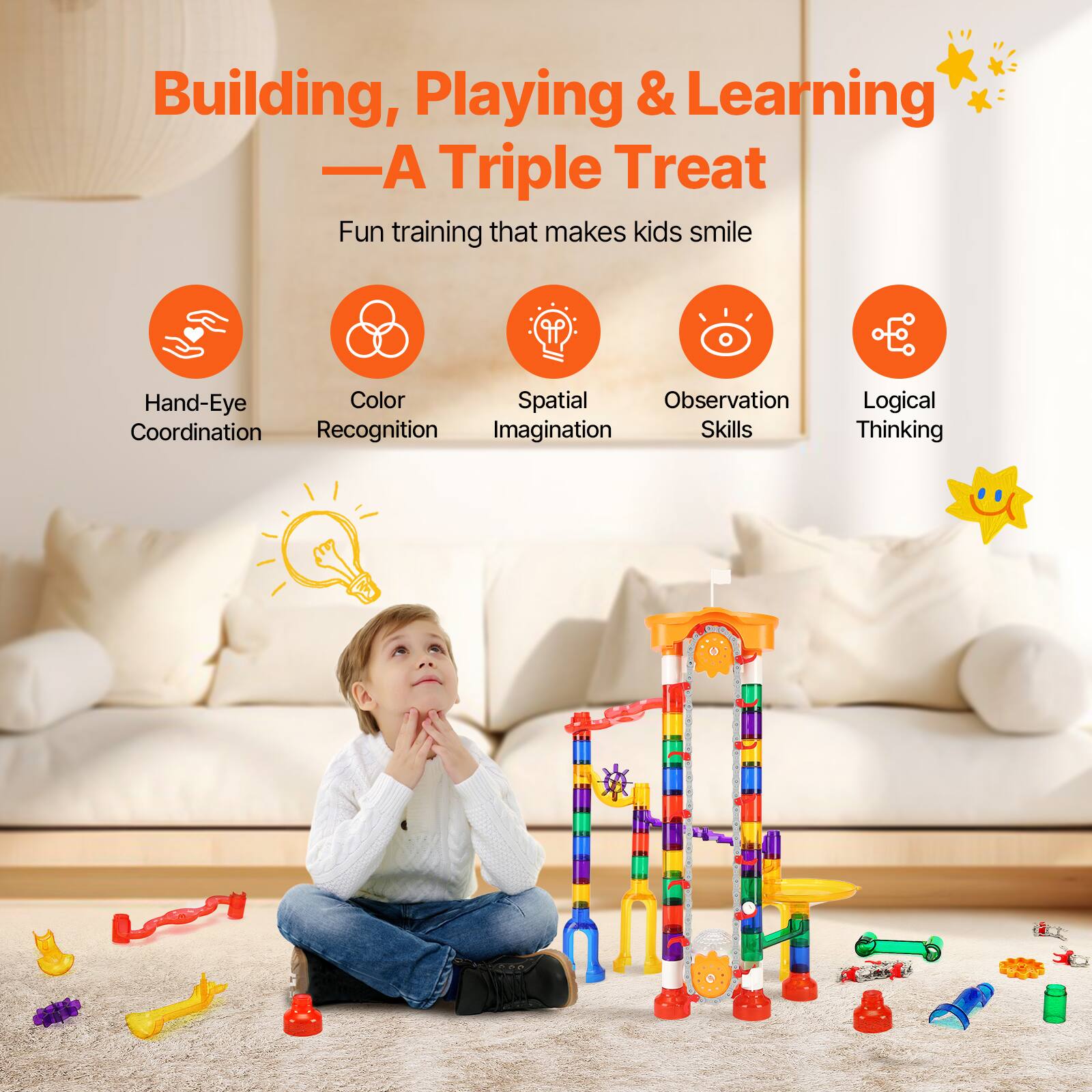 Building, Playing & Learning  
—A Triple Treat  

Fun training that makes kids smile  

- Hand-Eye Coordination  
- Color Recognition  
- Spatial Imagination  
- Observation Skills  
- Logical Thinking