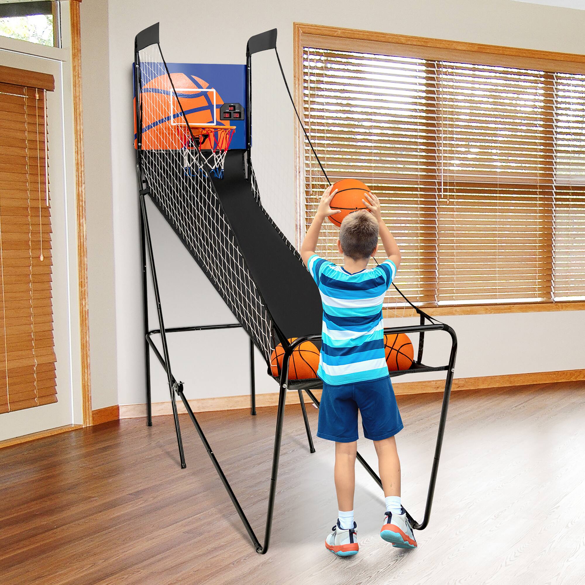 Alt View 11. Costway - Foldable Single Shot Basketball Arcade Game W/Electronic Scorer 3 Basketballs - Black.