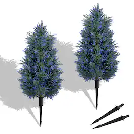 Costway - 2 Pack 3.3 ft Artificial Lavender Topiary Trees, Sun-Resistant Faux Cone Bushes - Green & Purple & Black