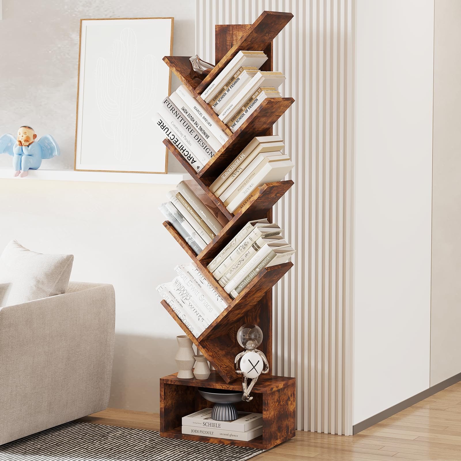 Acekool - 8-Tier Tree Bookshelf with Storage - Wooden Tall Floor Standing Bookcase for Kids and Adults, Utility Organizer Shelves - Brown