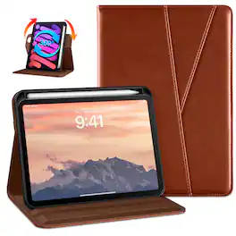DTTO - Case for iPad Mini 7 (A17 Pro) 2024 / Mini 6 2021 - 360° Rotating Leather Folio with Pencil Holder - Brown