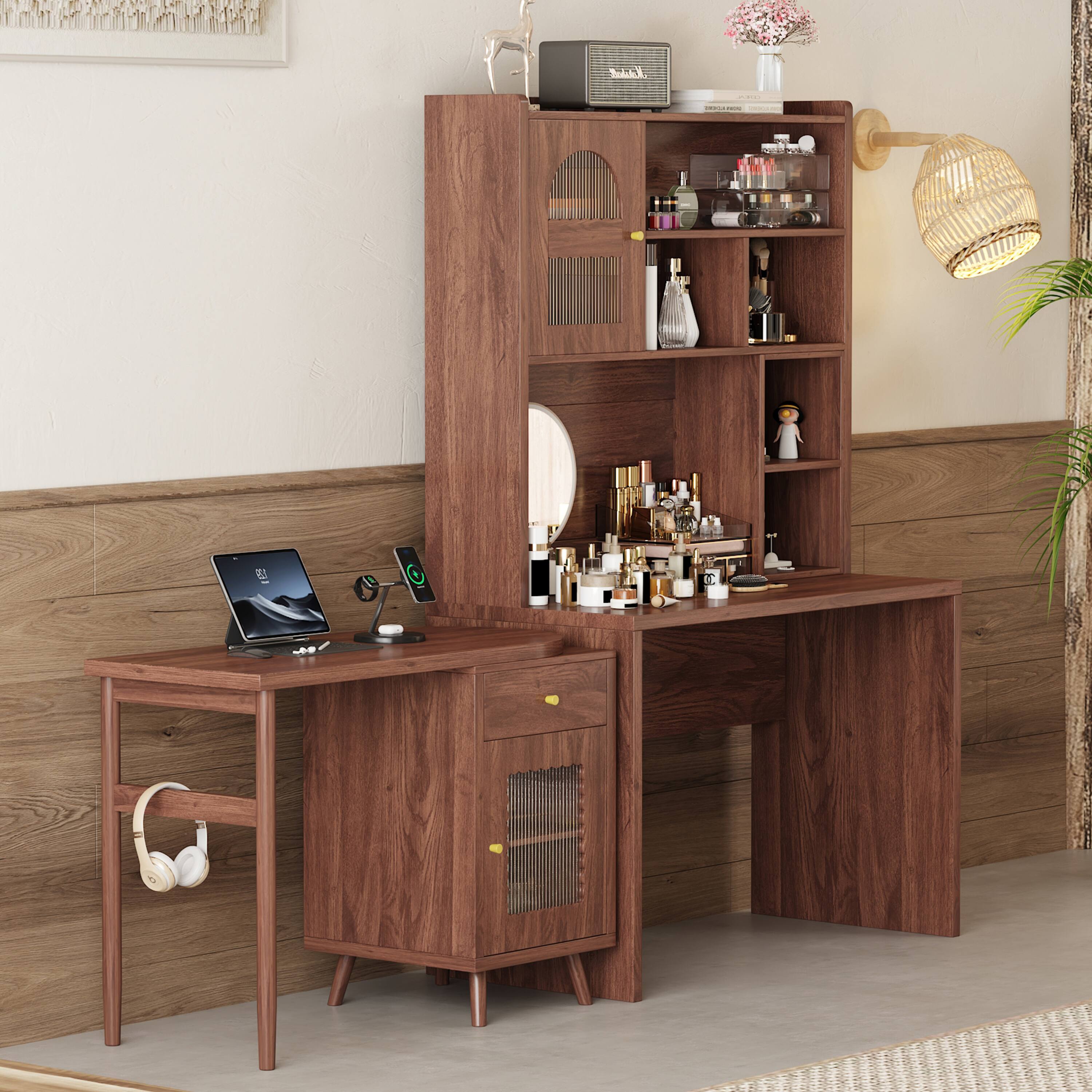 Left. Tiramisubest - Computer Desk with 90°Rotating Desktop,43x70 Inch Office Desk with Storage Drawer and Cabinets,Gaming Desk with Shelves - Walnut.