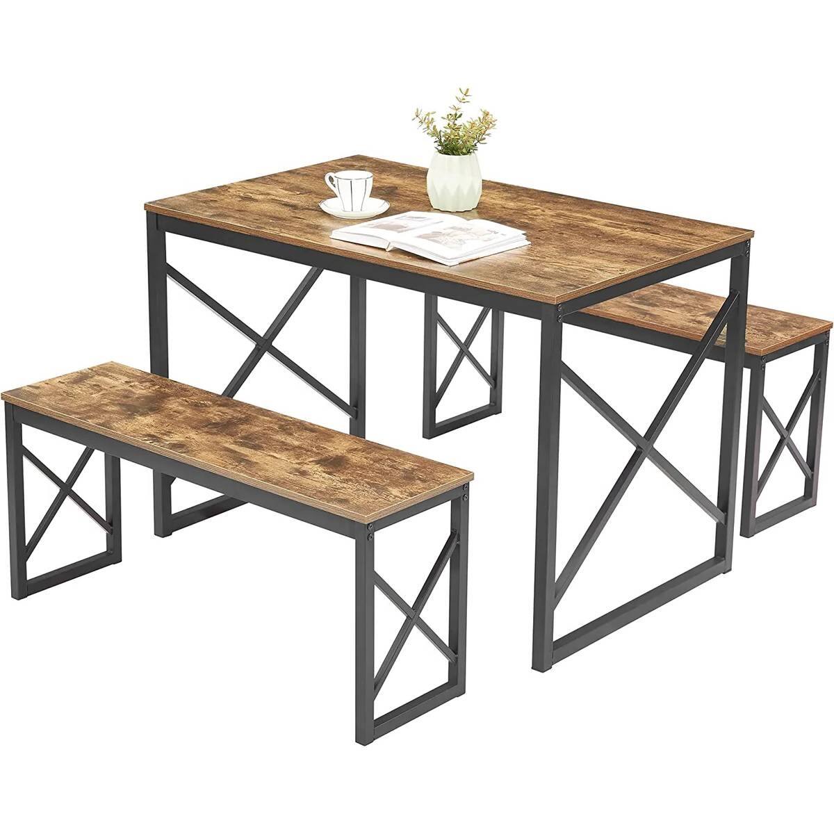 Front. SlickBlue - Modern Industrial Wood-Top Dining Table Set with 2 Backless Benches - Brown.