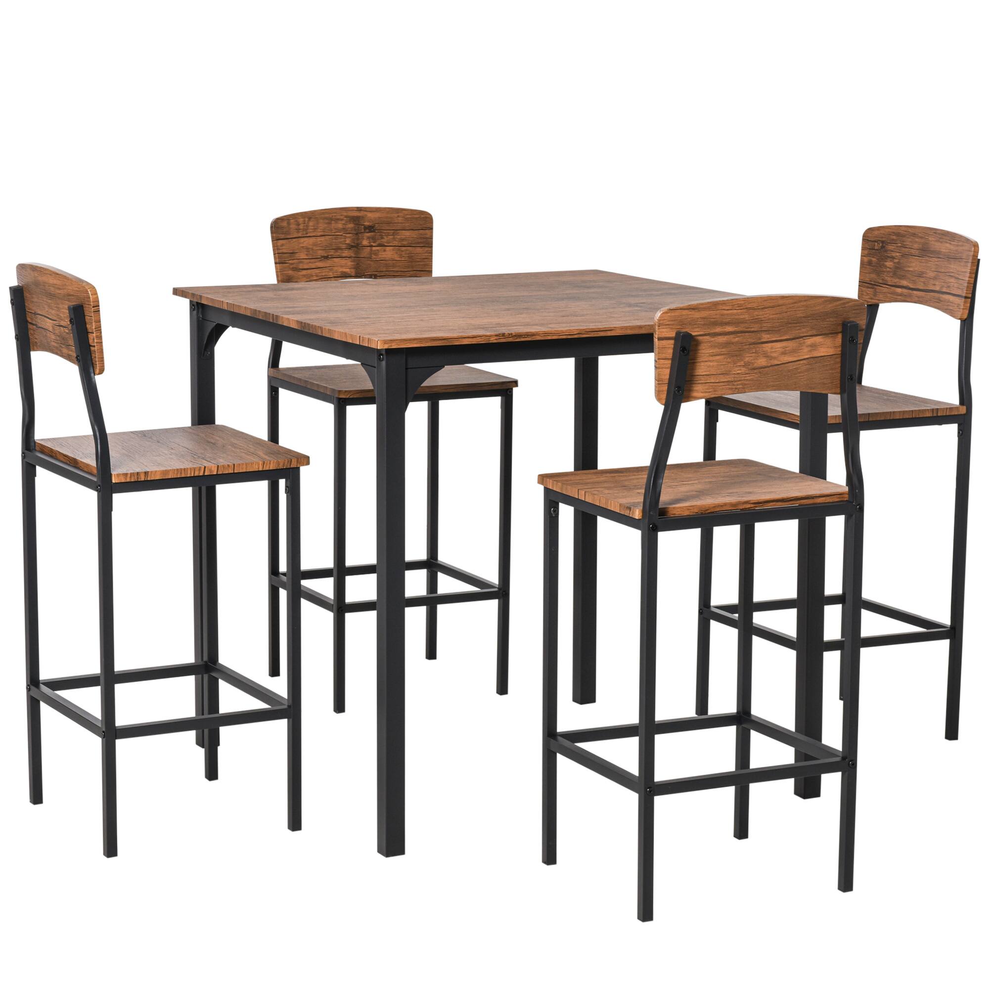 Front. Homcom - Counter Height Bar Table Set for 4, Square Kitchen Table and Chairs Set with Footrest, Metal Legs - Walnut,Black.