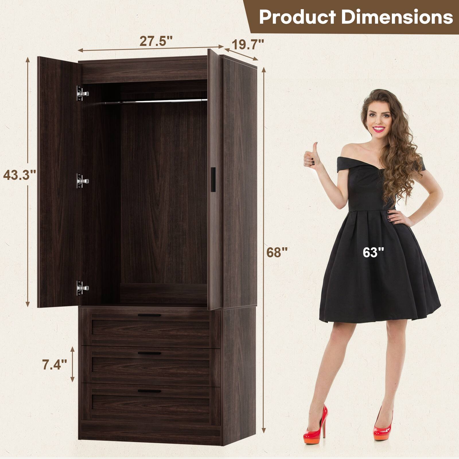 Product Dimensions

- 27.5"
- 19.7"
- 43.3"
- 68"
- 63"
- 7.4"