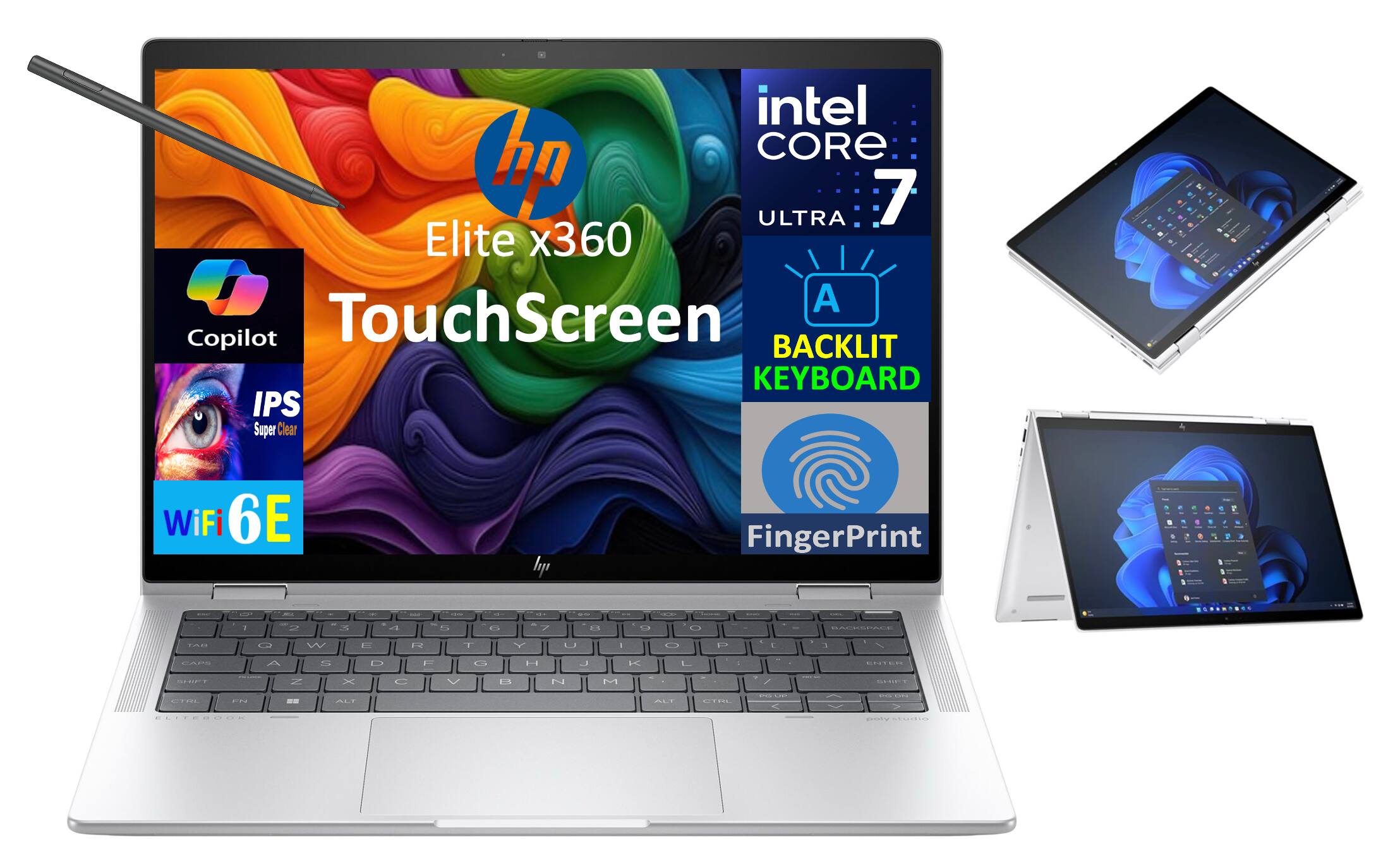 Intel Core 7 Ultra  
HP Elite x360  
Touchscreen  
Copilot  
IPS Super Clear  
WiFi 6E  
Fingerprint  
Backlit Keyboard