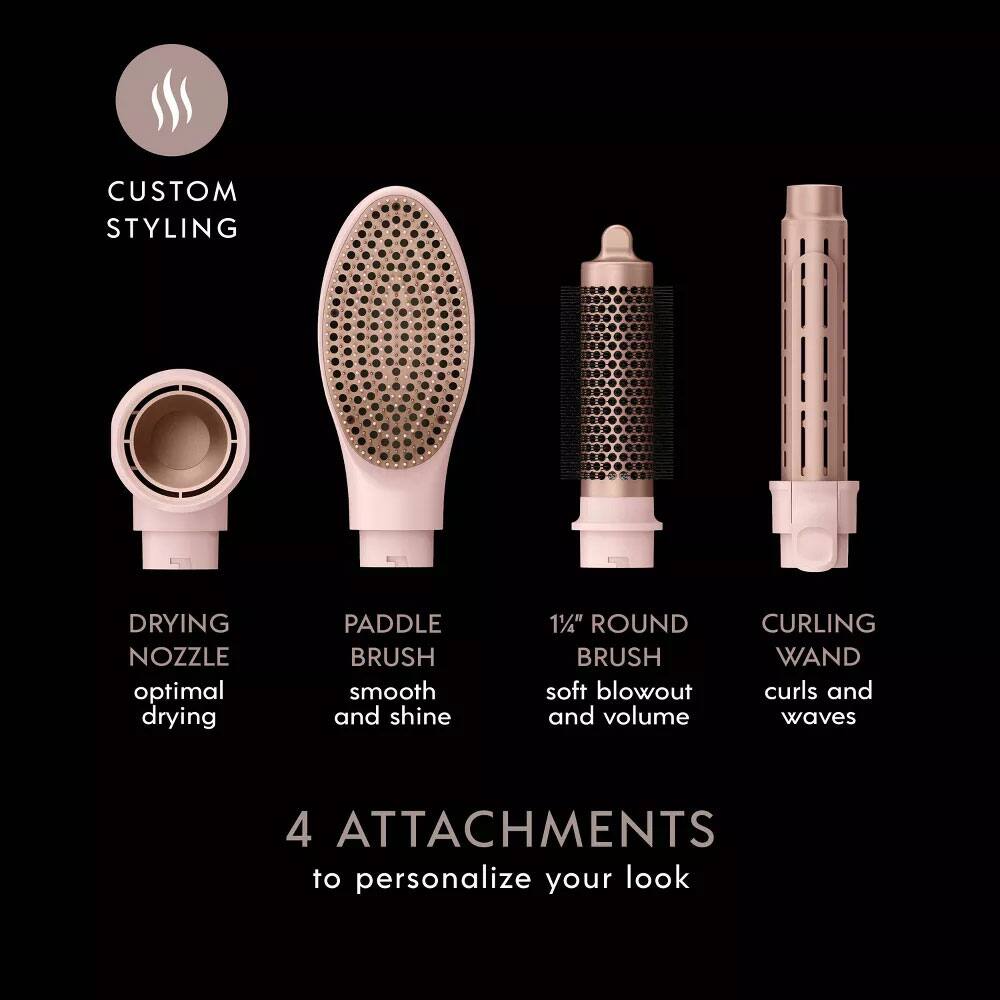 CUSTOM STYLING DRYING NOZZLE optimal drying PADDLE BRUSH smooth and shine 1% ROUND BRUSH soft blowout and volume CURLING WAND curls and waves 4 ATTACHMENTS to personalize your look
