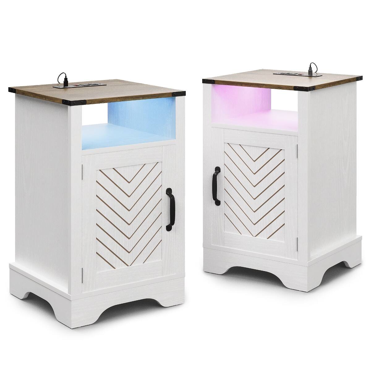 Alt View 7. Loheer - Loheer LED Nightstand with Charging Station, Farmhouse Wooden Bedside Table, White and Rustic Oak - Rustic White.