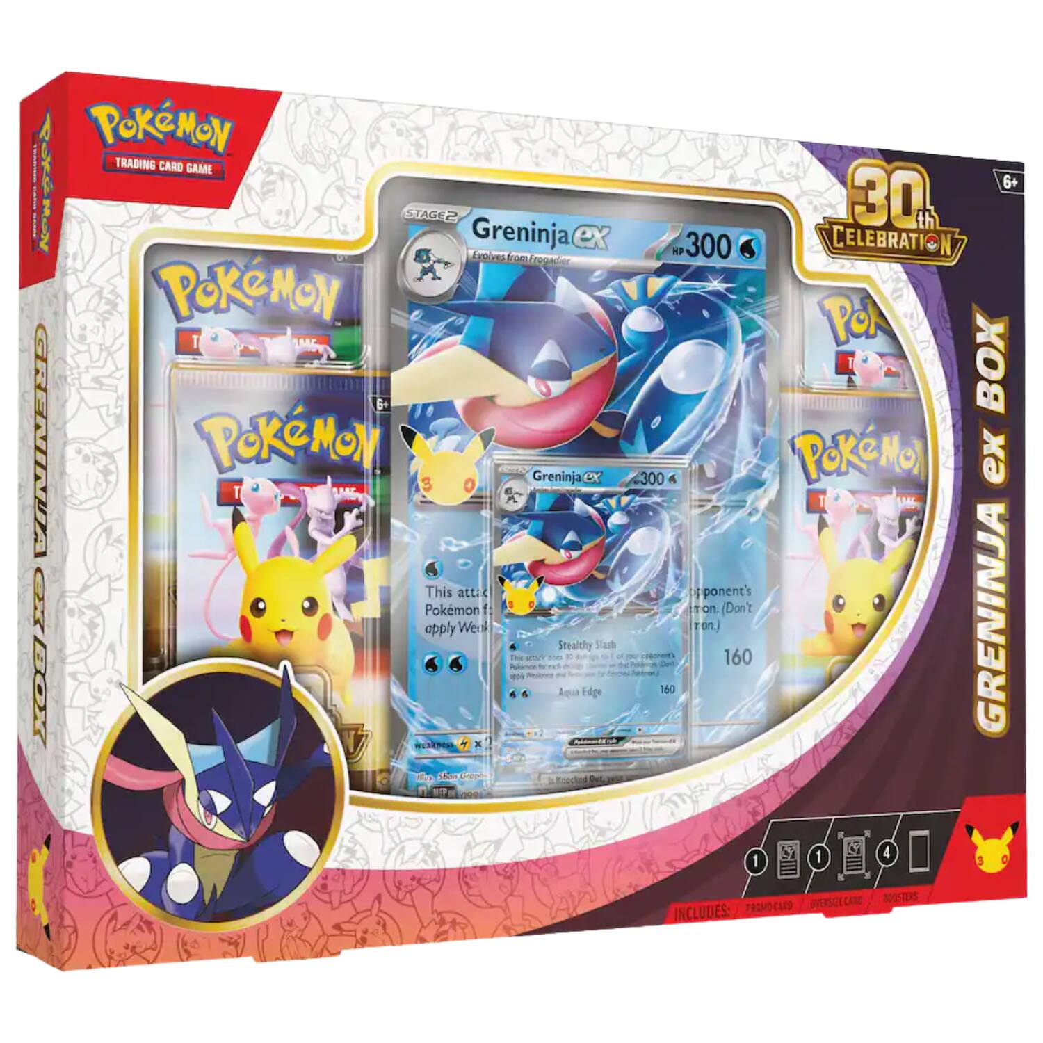Pokémon Trading Card Game Stage 2 Greninja ex Evolves from Frogadier  
Pokémon TCG: Greninja ex  
This attack QR opply Pokémon Werk Stealchy Slash  
This NEWS 506 Pokenson apple BOX weaknow  
NEPAN Sban Aqua Edge  
30 HP 300 CELEBRATION  
PROMO: 1 300  
PROMO: 1 160  
PROMO: 1 160  
OVERSIZE CARD BOOSTERS INCLUDES: PROMOCARD  
6+ BOX ex GRENINJA