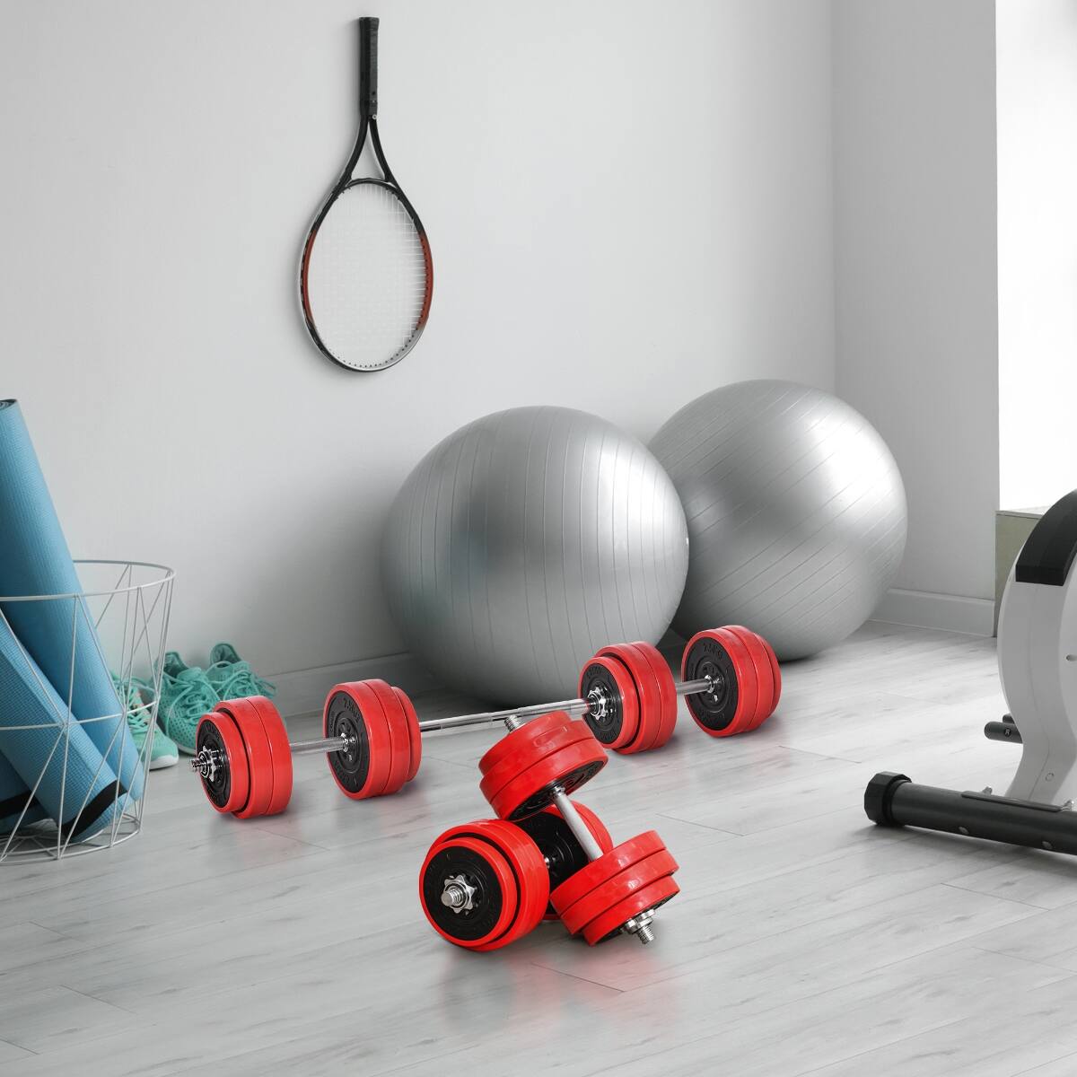 Angle. Loheer - Loheer Adjustable Dumbbell Set 66 lb Convertible to Barbell Weight Set for Home Gym Training - Red.