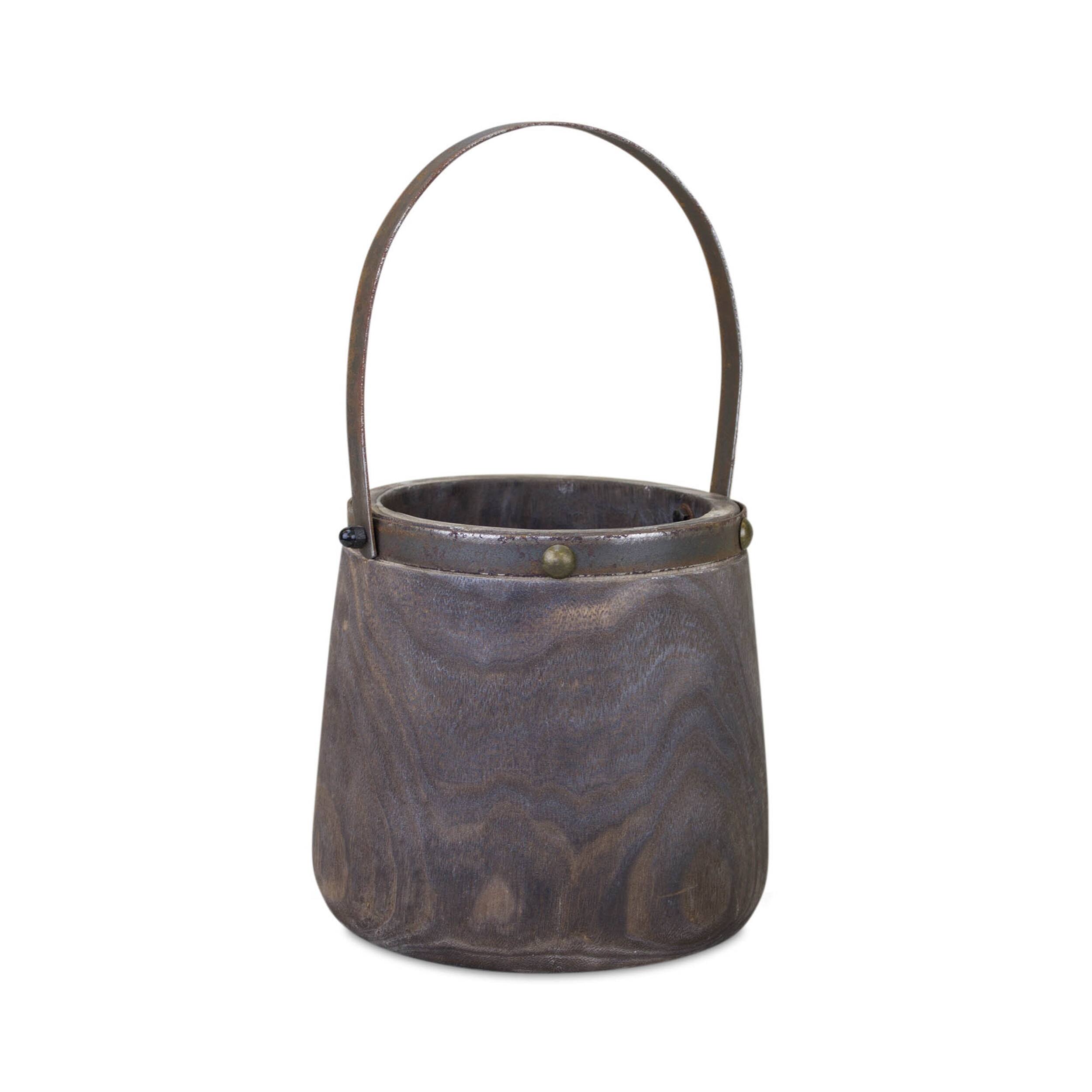 Back. BreeBe - Natural Wooden Pail Planter with Metal Handle Accent (Set of 2) - Brown.