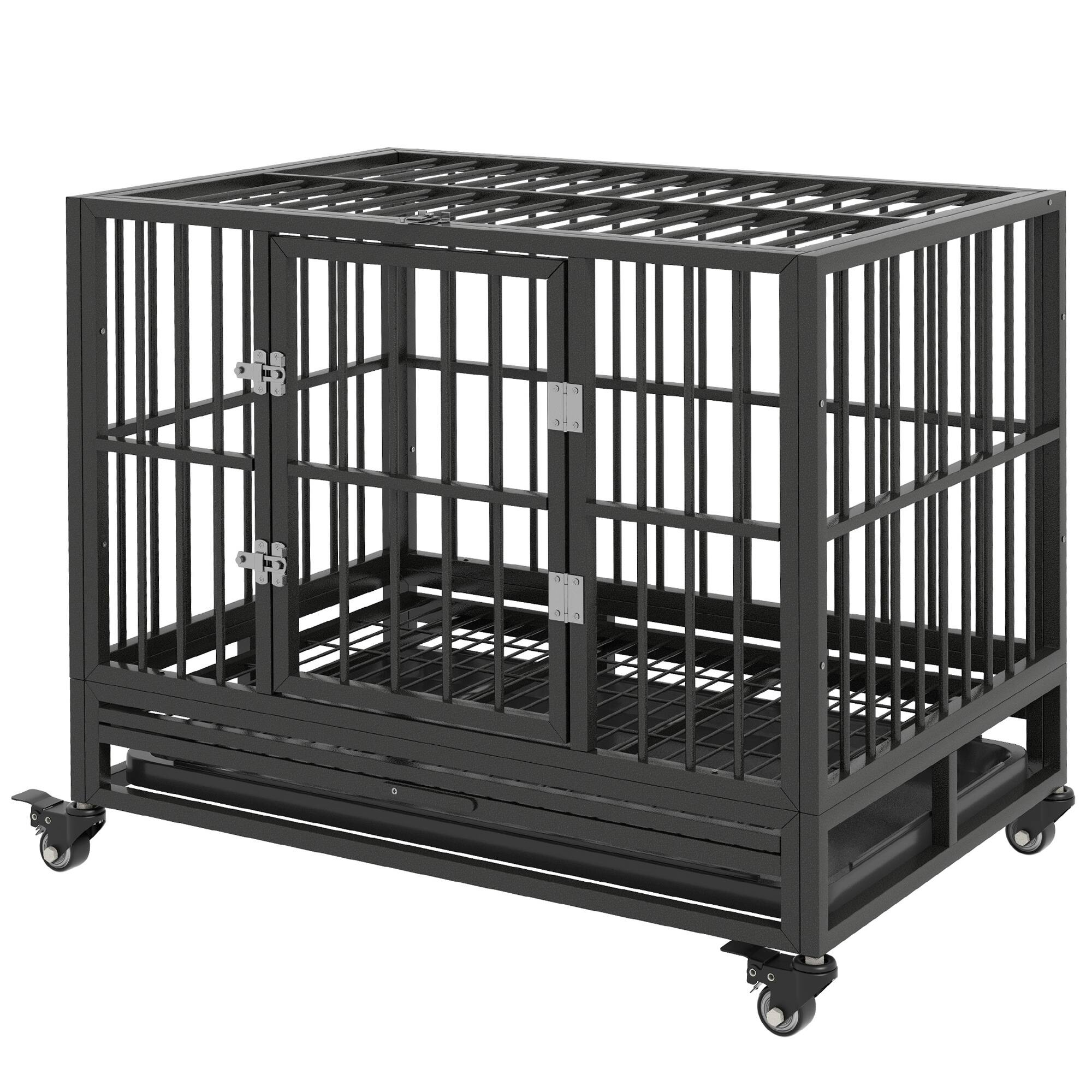 Alt View 6. Siljoy - Heavy Duty Metal Dog Crate with Lockable Wheels, Double Door & Removable Tray for Dogs up to 44 lbs.