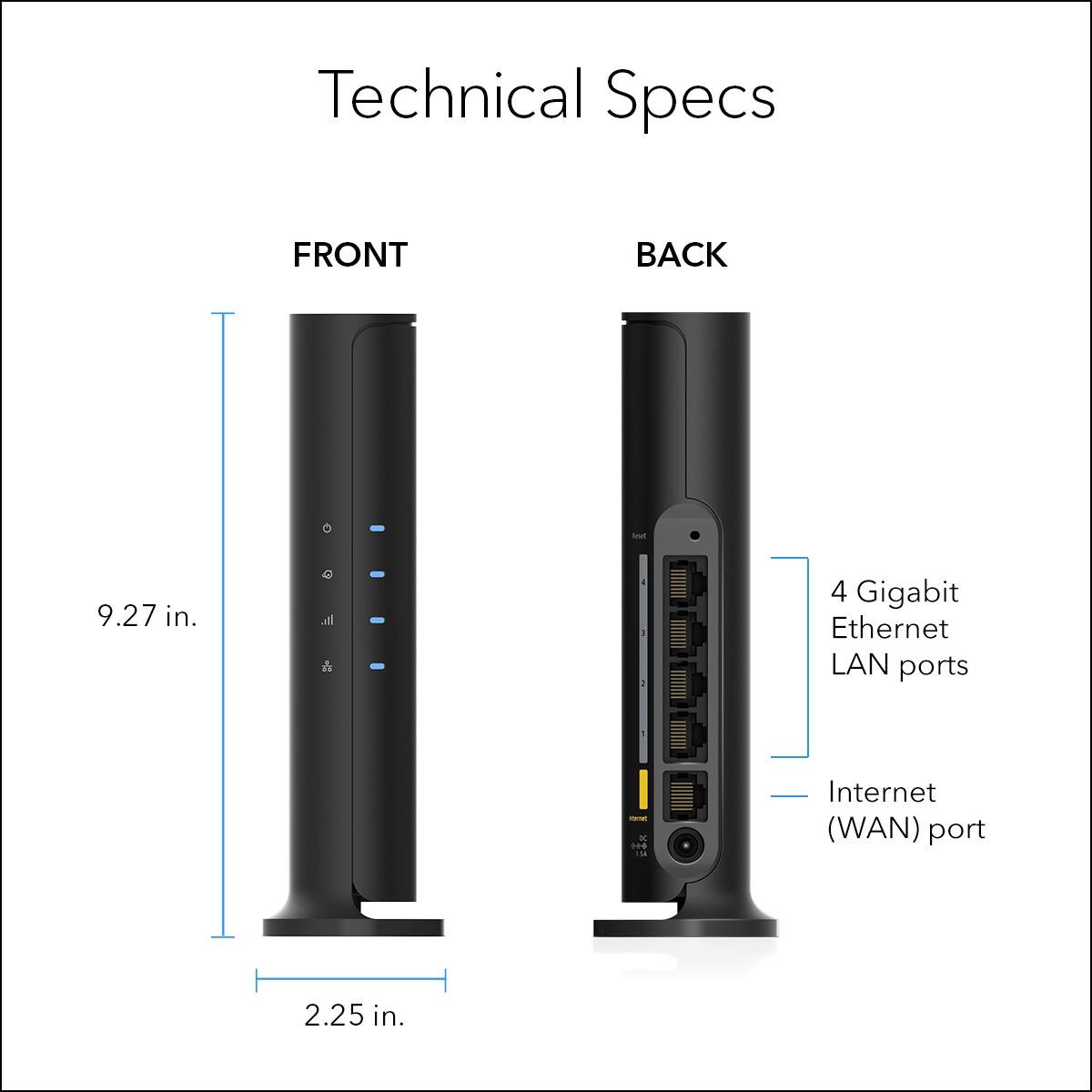 Technical Specs

FRONT
- Height: 9.27 in.
- Width: 2.25 in.

BACK
- 4 Gigabit Ethernet LAN ports
- Internet (WAN) port