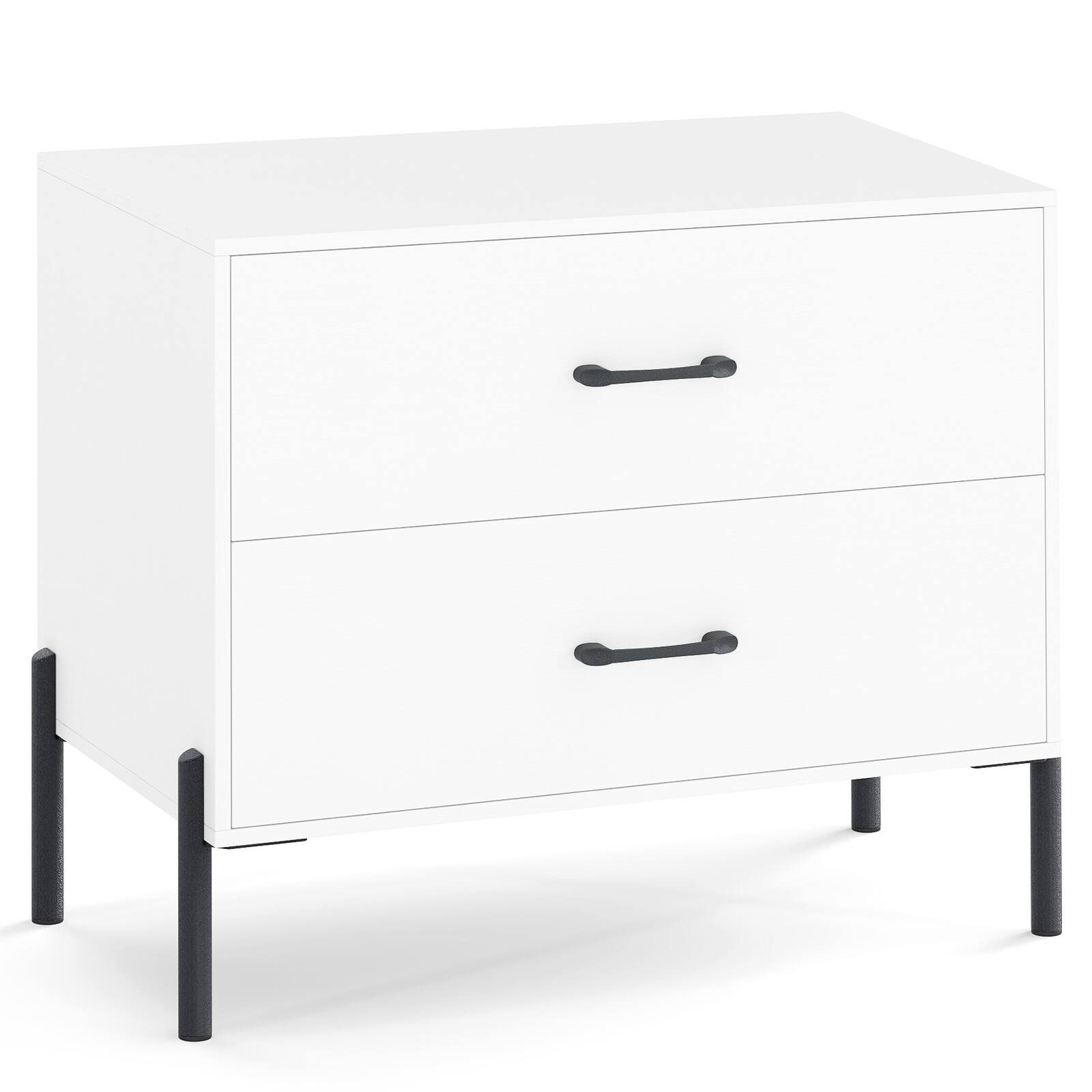 Front. WELLFOR - Modern Wooden 2-Drawer Nightstand with Metal Legs and Handles - White.