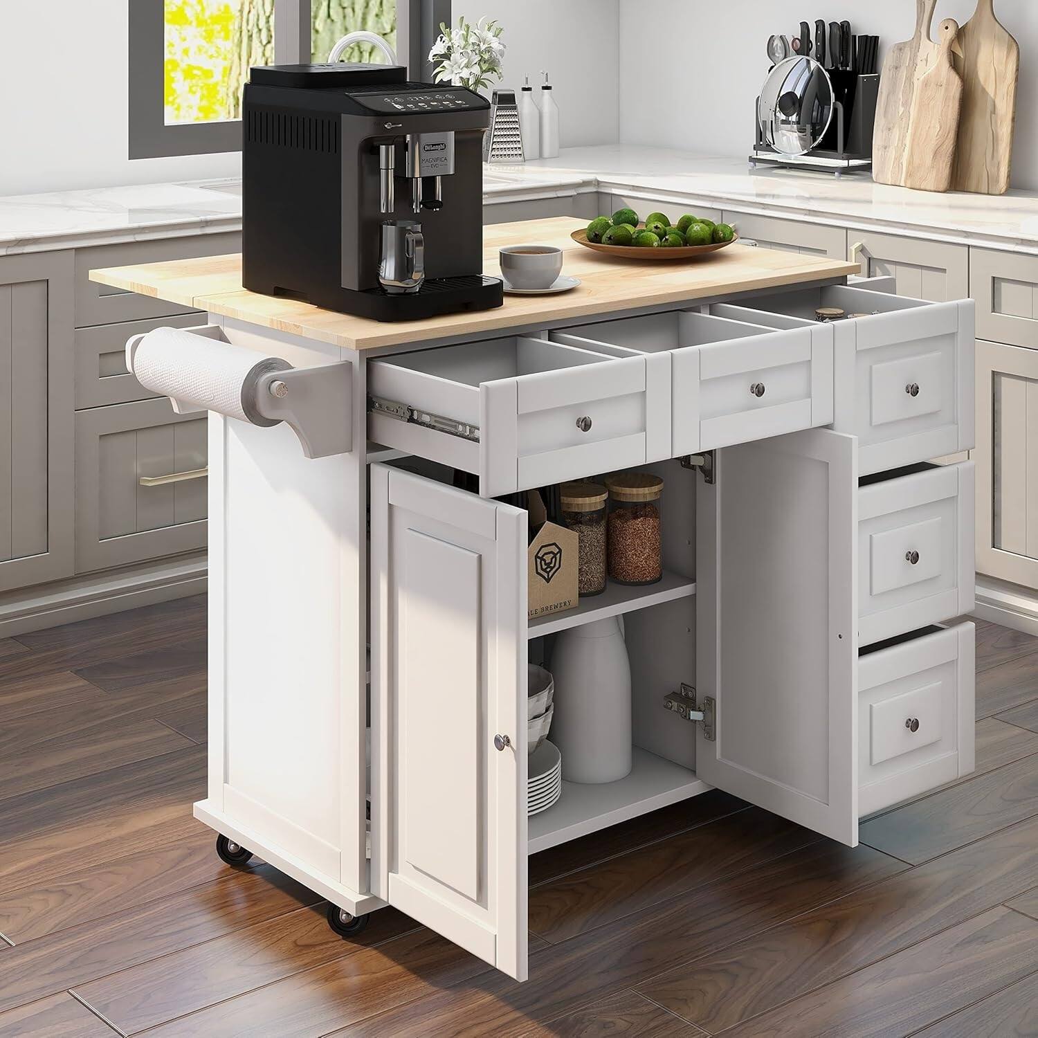 Alt View 5. U-HOMY - Rolling Kitchen Island Cart with Drop Leaf, Wooden Countertop, 2-Door Cabinet, 5 Drawers & Spice Rack - White.
