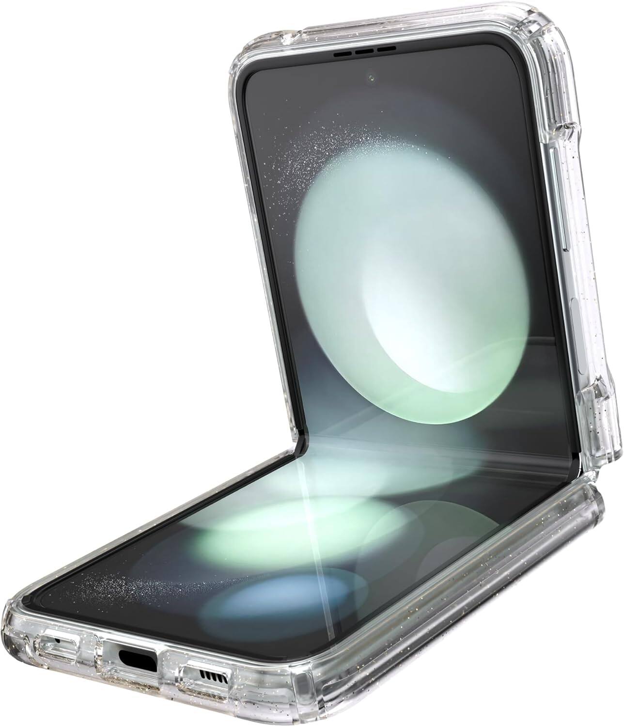 Angle. Speck - Speck Presidio Perfect-Clear Fold With Glitter Case - Samsung Galaxy Z Flip5 - Clear/Gold Glitter.