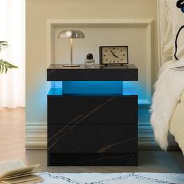 Ecooso - LED Light Nightstand, Modern Bedside Table with Double Drawers, Bedroom End Table for Storage - Black/Gold