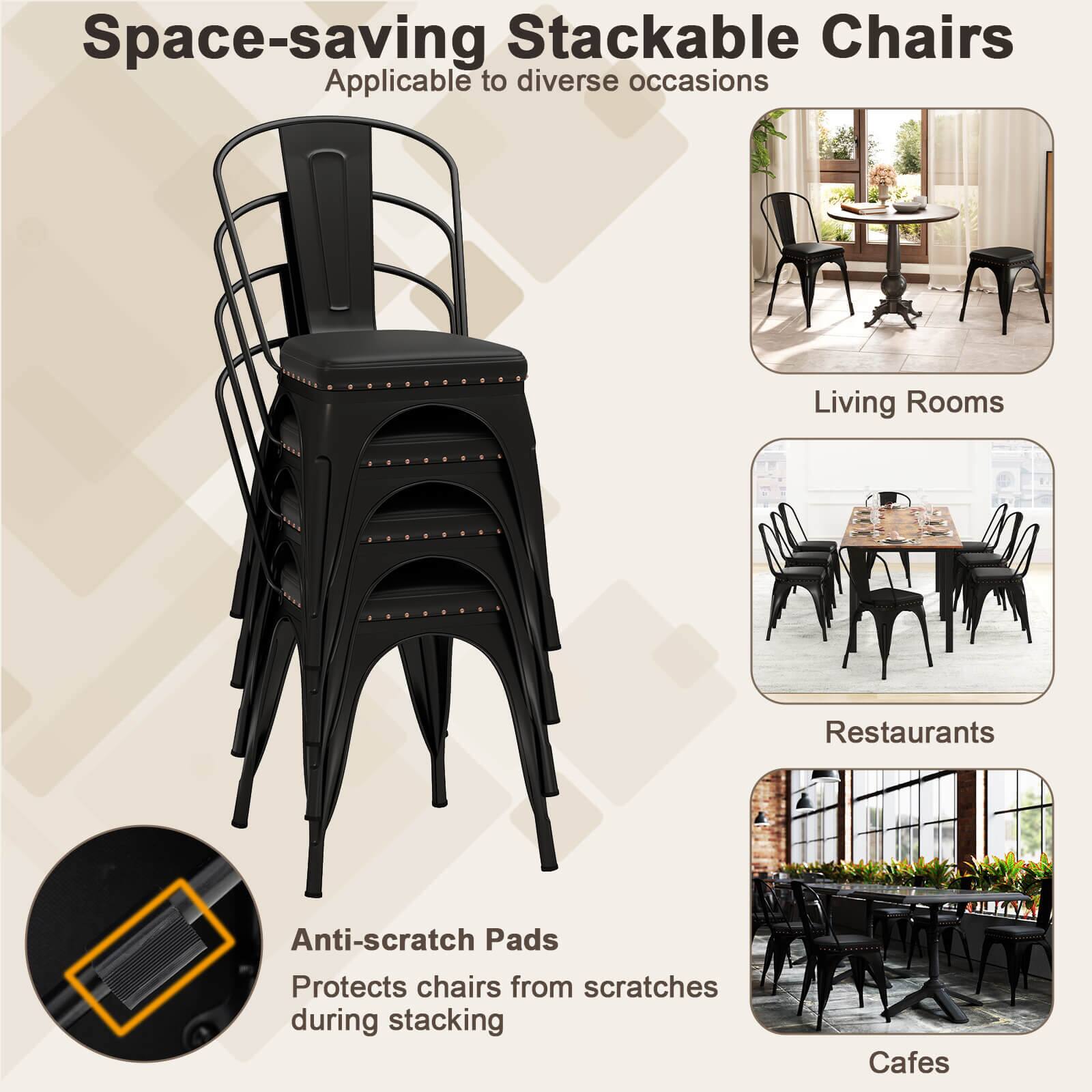 Space-saving Stackable Chairs  
Applicable to diverse occasions  

Anti-scratch Pads  
Protects chairs from scratches during stacking  

Living Rooms  
Restaurants  
Cafes