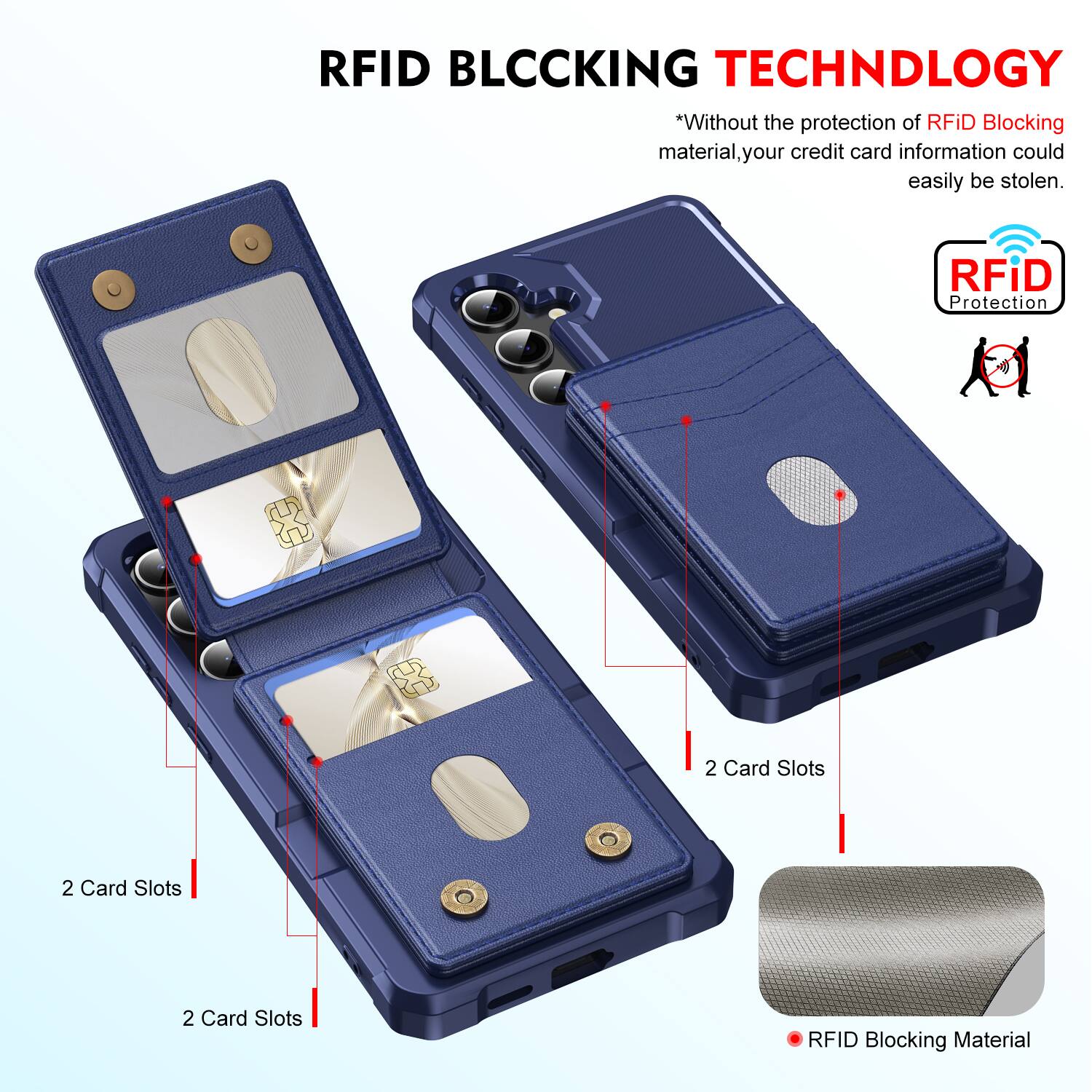 RFID BLOCKING TECHNOLOGY

*Without the protection of RFID Blocking material, your credit card information could easily be stolen.

RFID Protection

2 Card Slots

2 Card Slots

2 Card Slots

RFID Blocking Material