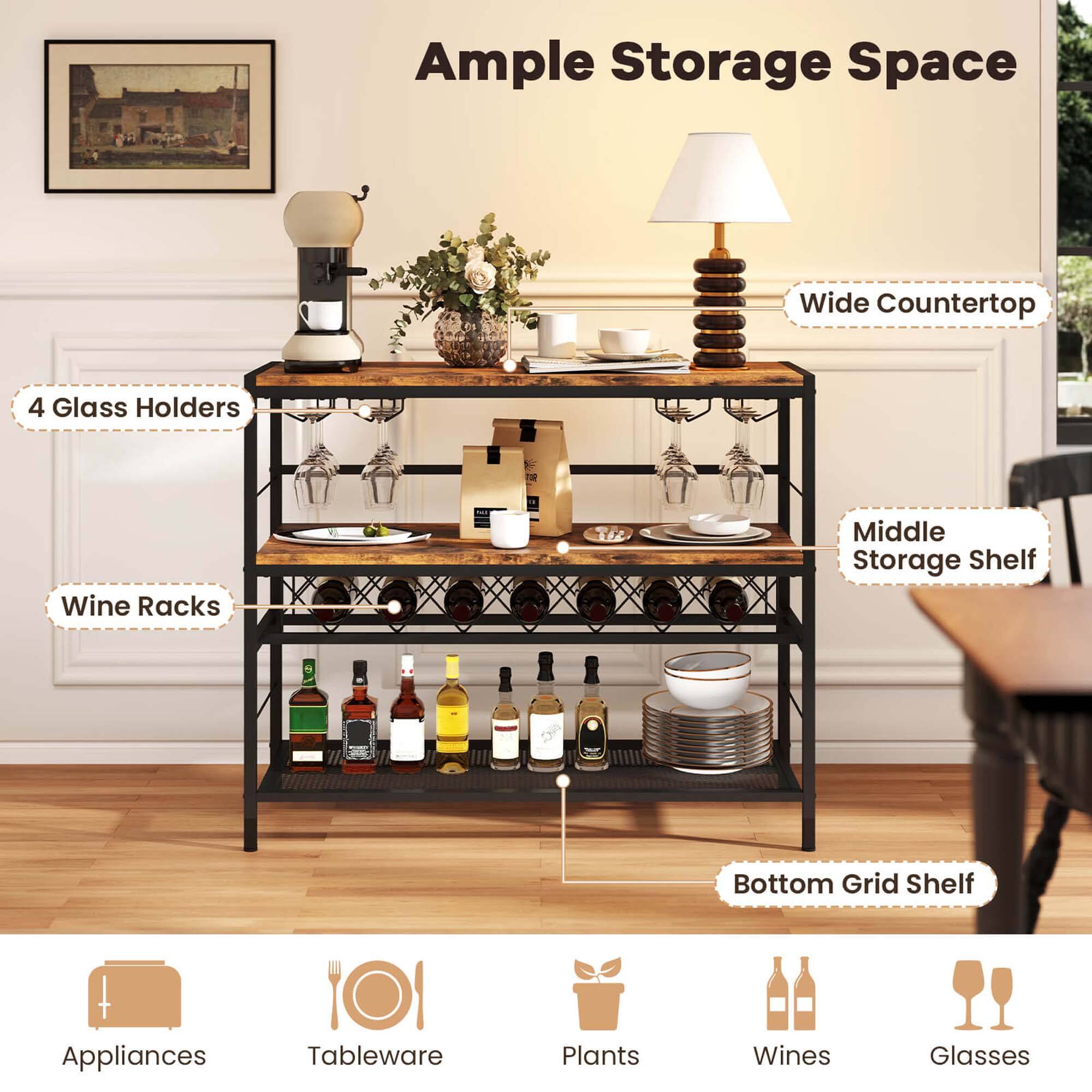 Ample Storage Space: Wide Countertop, 4 Glass Holders, Wine Racks, Middle Storage Shelf, Bottom Grid Shelf

Appliances: Appliances
Tableware: Tableware
Plants: Plants
Wines: Wines
Glasses: Glasses