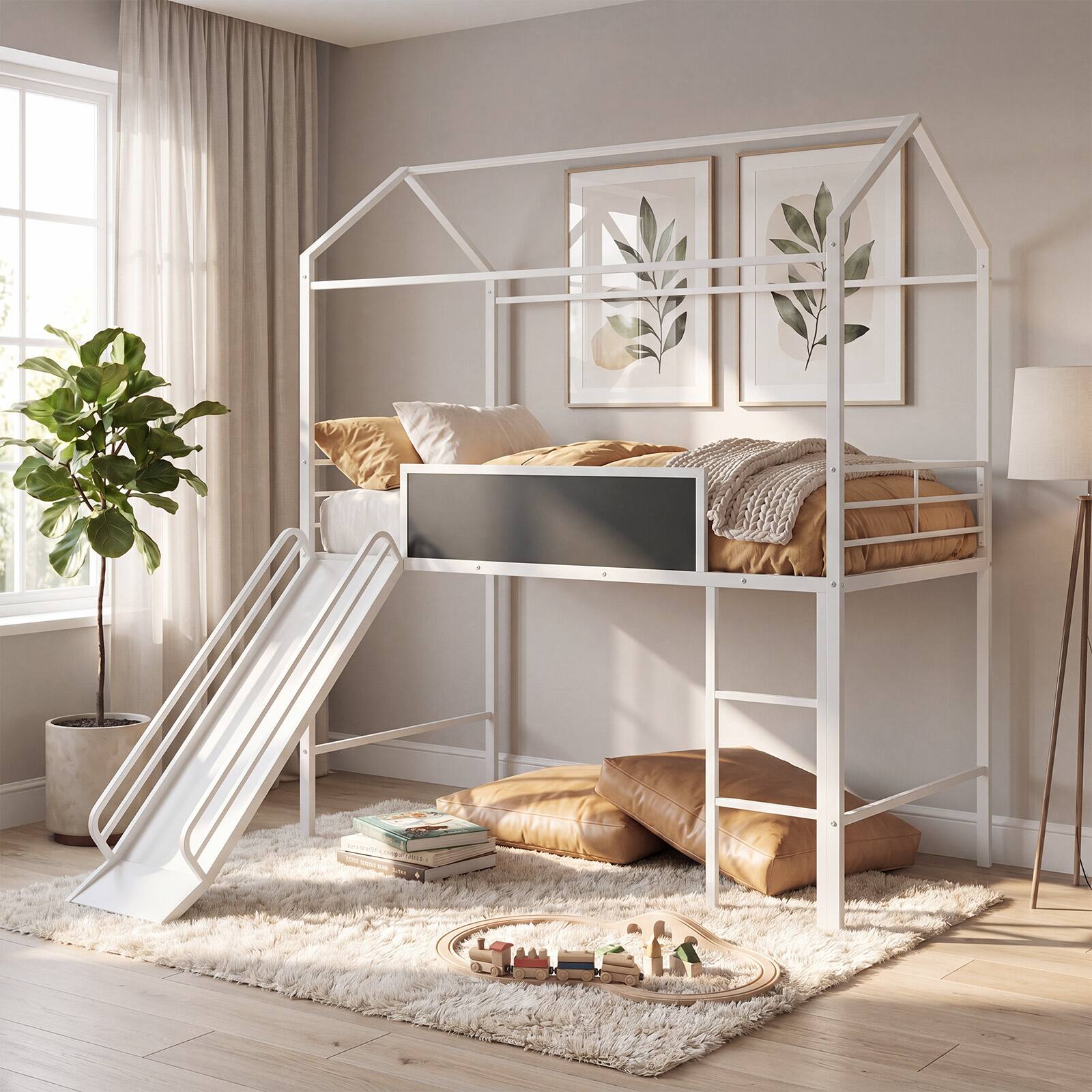 Alt View 4. Costway - Costway Twin Size House-Shaped Bed Frame with Slide Chalkboard & Metal Slats for Bedroom Dormitory - White.