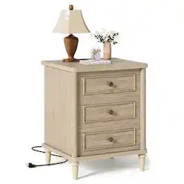 Bestier - 3 Drawer Farmhouse Nightstand, Mid-Century Fluted Bedside Table with Charging Station - Sunlit Oak