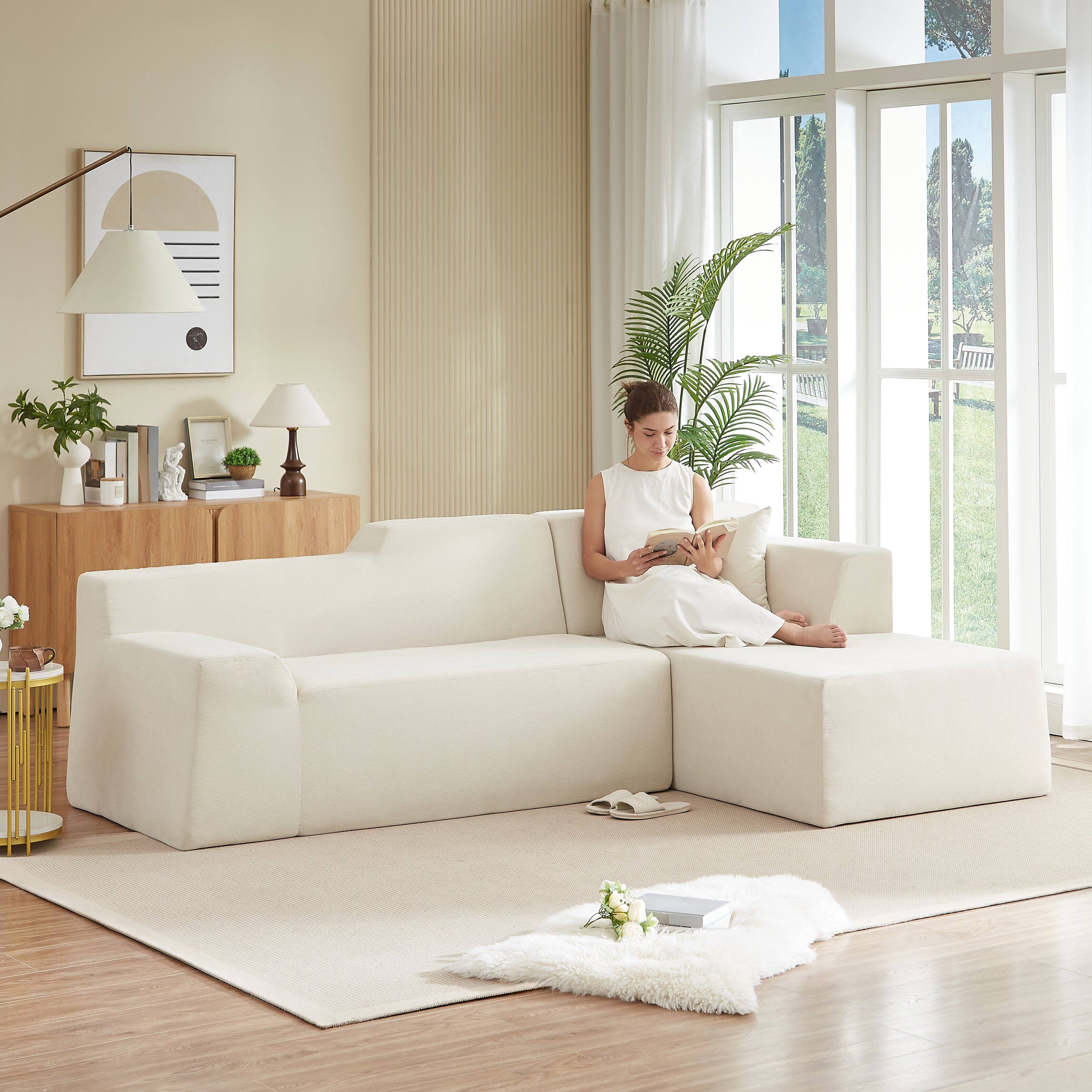 Back. Anysun - Anysun L-Shaped Design Right-Facing Modern Minimalist Corduroy High Raised Thickened Back Sofa - Beige.