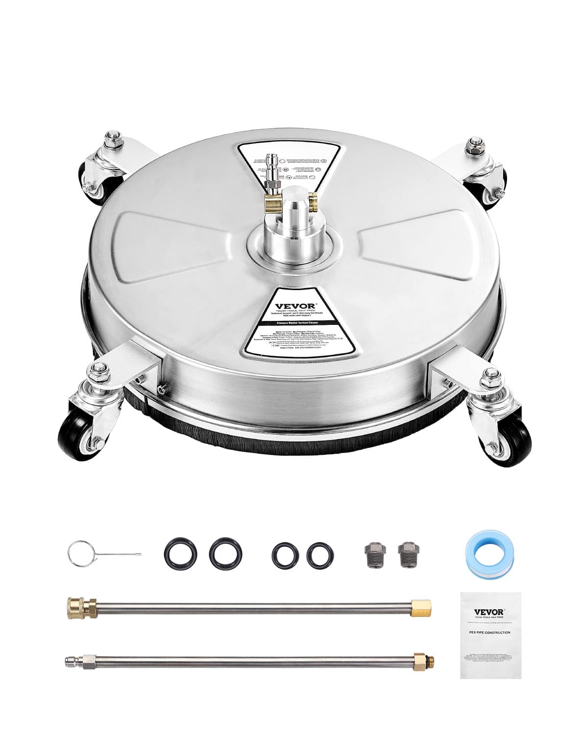 VEVOR - 15" Pressure Washer Surface Cleaner, Stainless Steel Pressure Washer Attachments with 4 Wheels, 4000 Max PSI - Silver