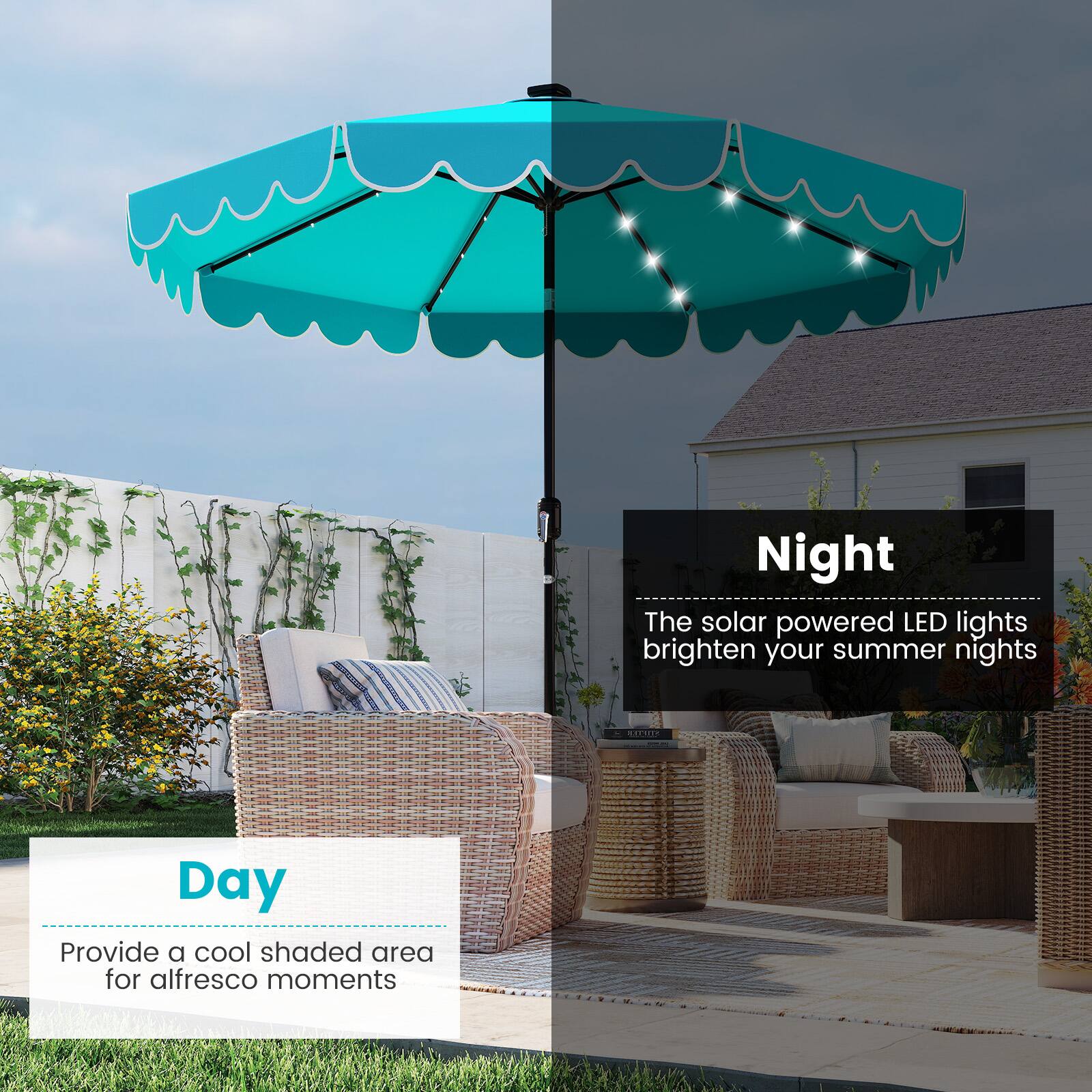 Night: The solar powered LED lights brighten your summer nights
Day: Provide a cool shaded area for alfresco moments
