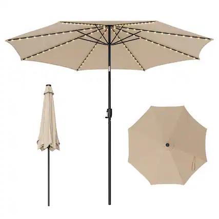 Front. Gymax - Gymax 10FT Solar Patio Umbrella 112 LED Lighted Umbrella Outdoor Table Market Umbrella Beige - Beige.