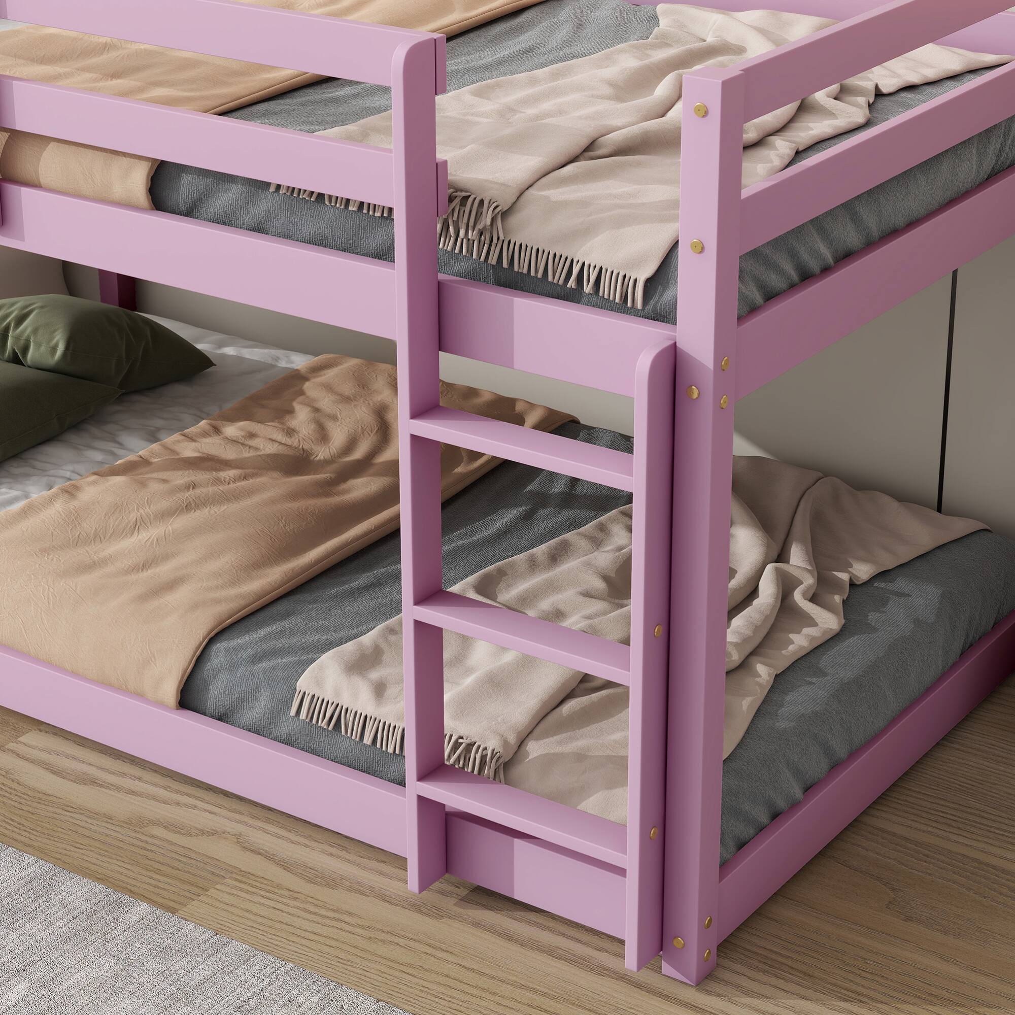 Alt View 7. GOODSILO - Solid Wood Twin Over Twin Floor Bunk Bed with Ladder and Strengthened Slats for Enhanced Stability - Pink.