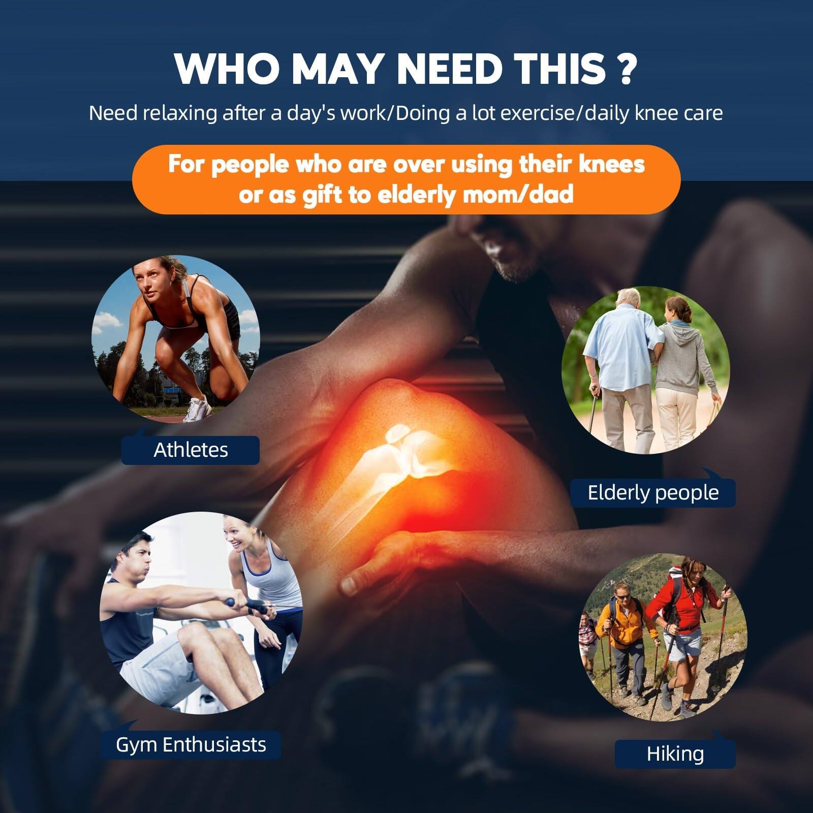 **WHO MAY NEED THIS?**

Need relaxing after a day's work/Doing a lot exercise/daily knee care

For people who are over using their knees or as gift to elderly mom/dad

- Athletes
- Elderly people
- Gym Enthusiasts
- Hiking