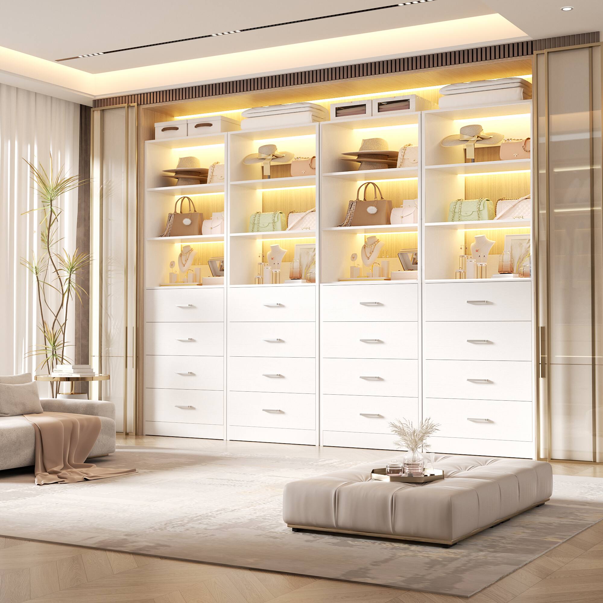 Back. Aheaplus - 7.1FT Freestanding Closet Organizer System 4-Piece Set, with 12 Wooden Drawers and 8 Shelves, Easy Assembly - White.