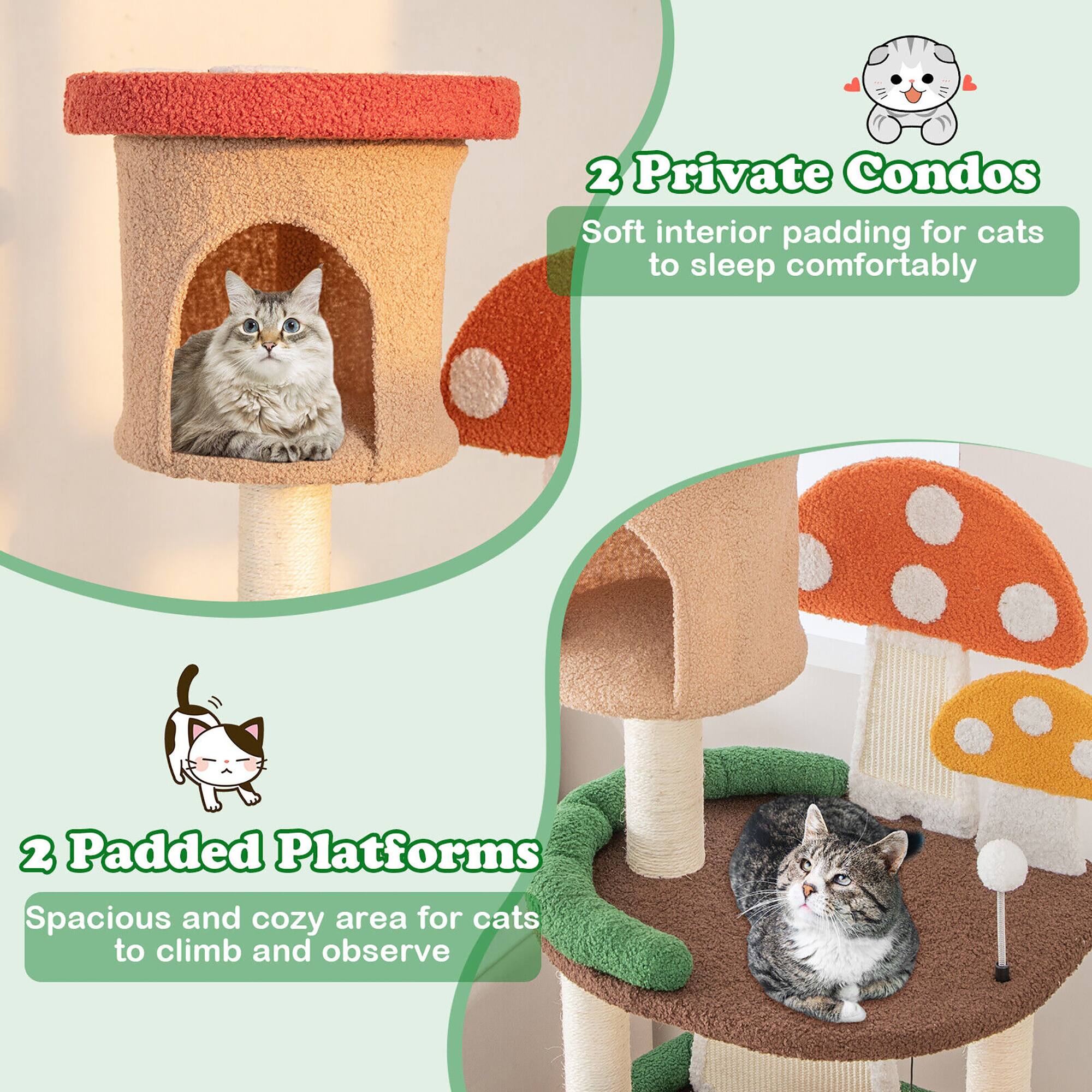 2 Private Condos  
Soft interior padding for cats to sleep comfortably  

2 Padded Platforms  
Spacious and cozy area for cats to climb and observe