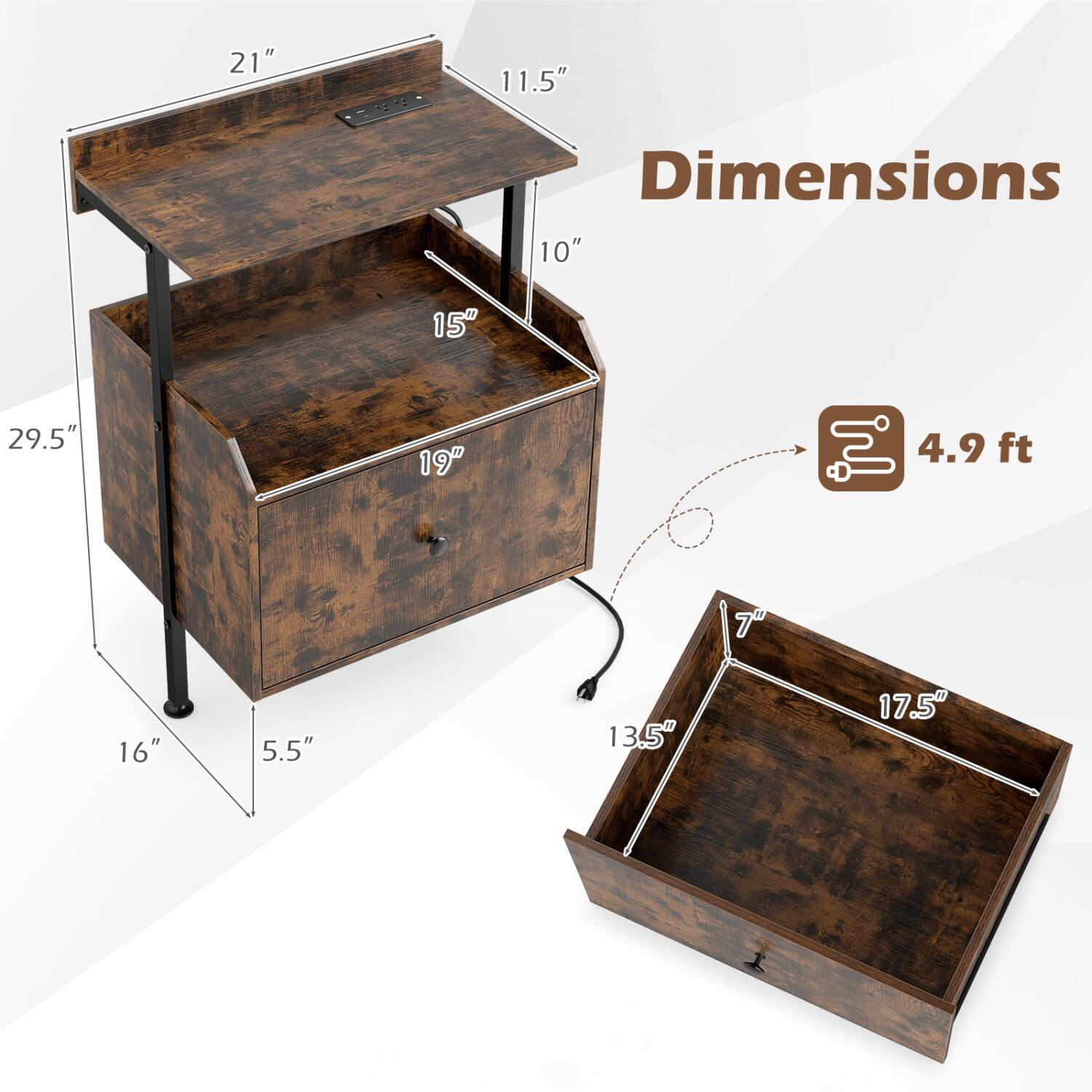 21"  
11.5"  
Dimensions  
10"  
15"  
29.5"  
19"  
4.9 ft  
16"  
5.5"  
13.5"  
17.5"
