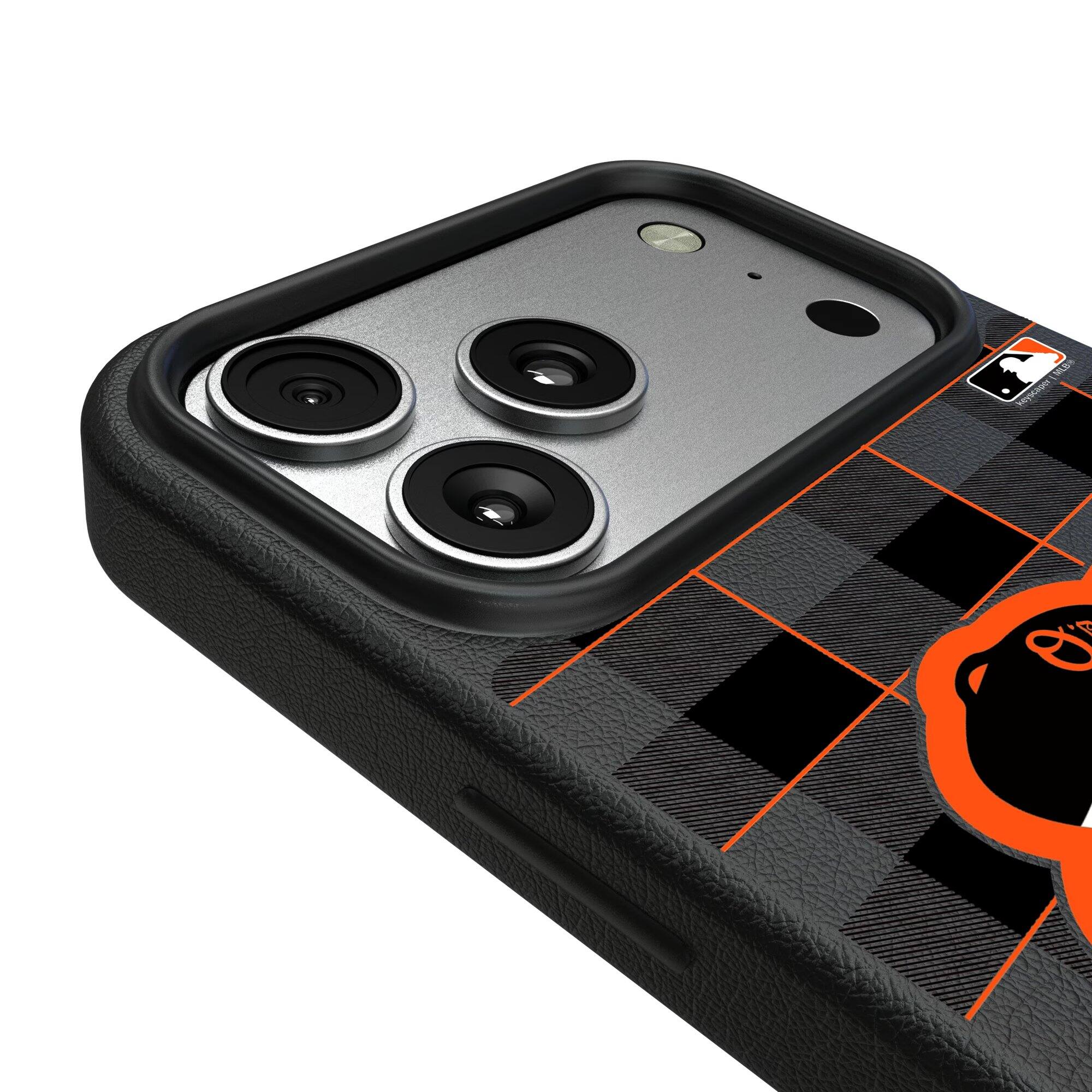 Alt View 2. Keyscaper - Baltimore Orioles Plaid Magnetic Bump iPhone Case - 16 Plus - Black.
