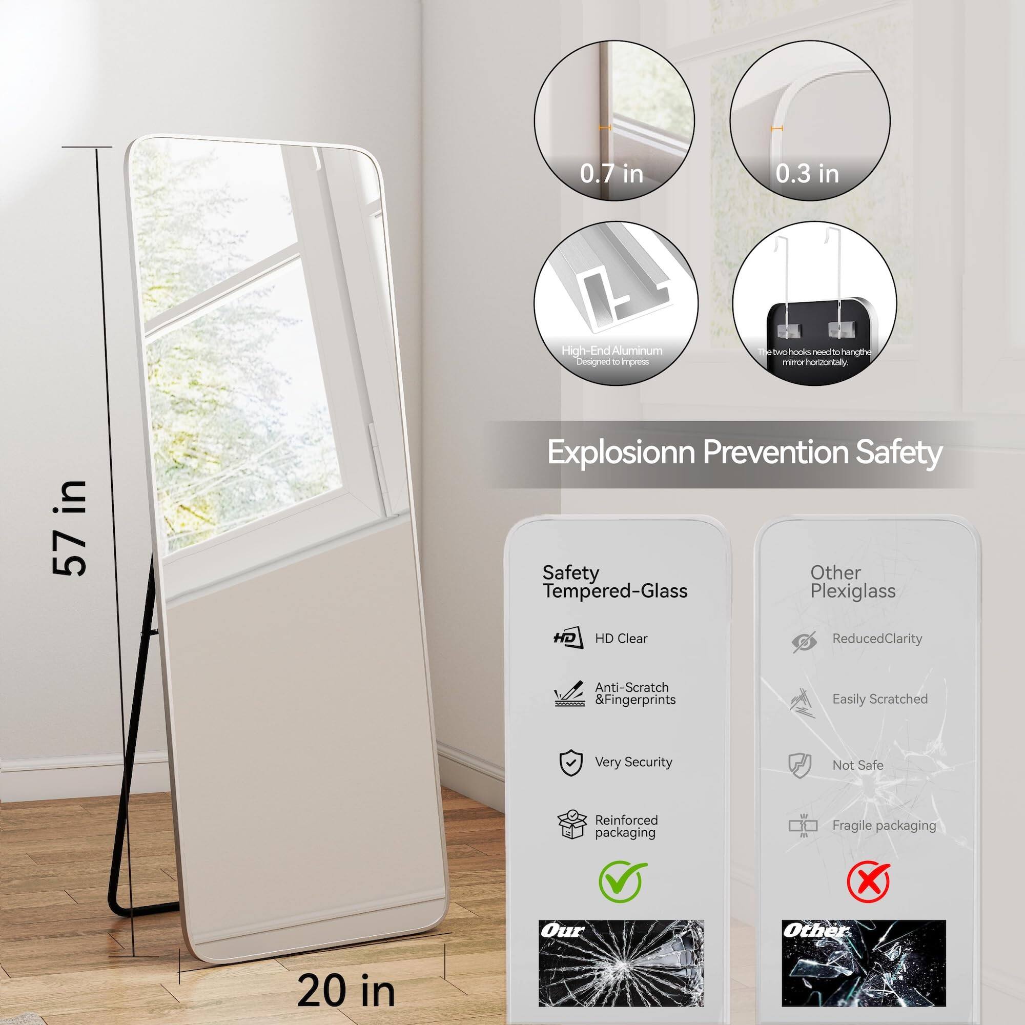 0.7 in  
0.3 in  

High-End Aluminum  
Designed to impress  

Explosionn Prevention Safety  

57 in  
20 in  

Safety Tempered-Glass  
HD Clear  
Anti-Scratch & Fingerprints  
Very Security  
Reinforced packaging  

Other Plexiglass  
Reduced Clarity  
Easily Scratched  
Not Safe  
Fragile packaging  

Our  
Other