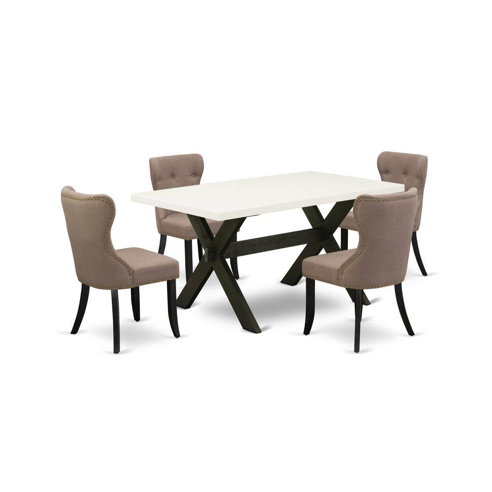 Left. East West Furniture - East West Furniture 5-Pc Dining Room Table Set-Coffee Linen Fabric Seat and Button Tufted Back Parson Dining Chairs and - Multi-Color.