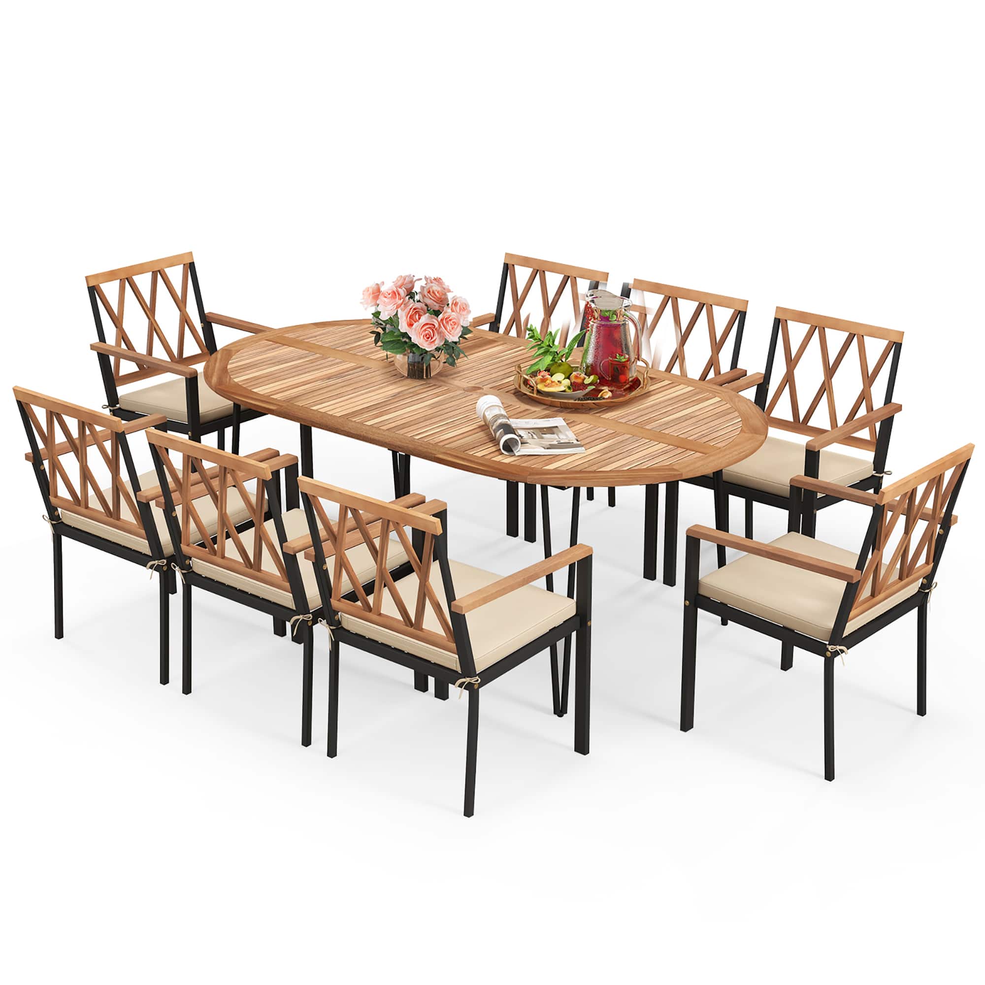 Gymax - 9 PCS Patio Dining Set Table w/ Acacia Wood Top & Umbrella Hole Metal Frame - Natural, Black