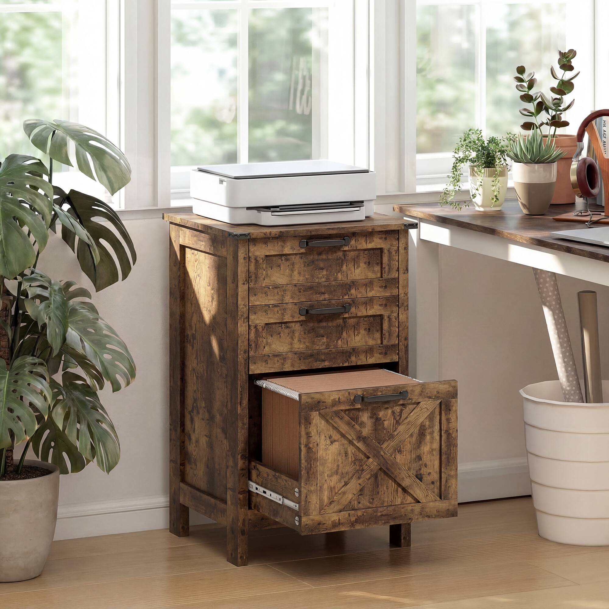 Alt View 8. Homcom - File Cabinet with 3 Drawers, Rustic Farmhouse Office Storage Cabinet for A4, Letter Size.